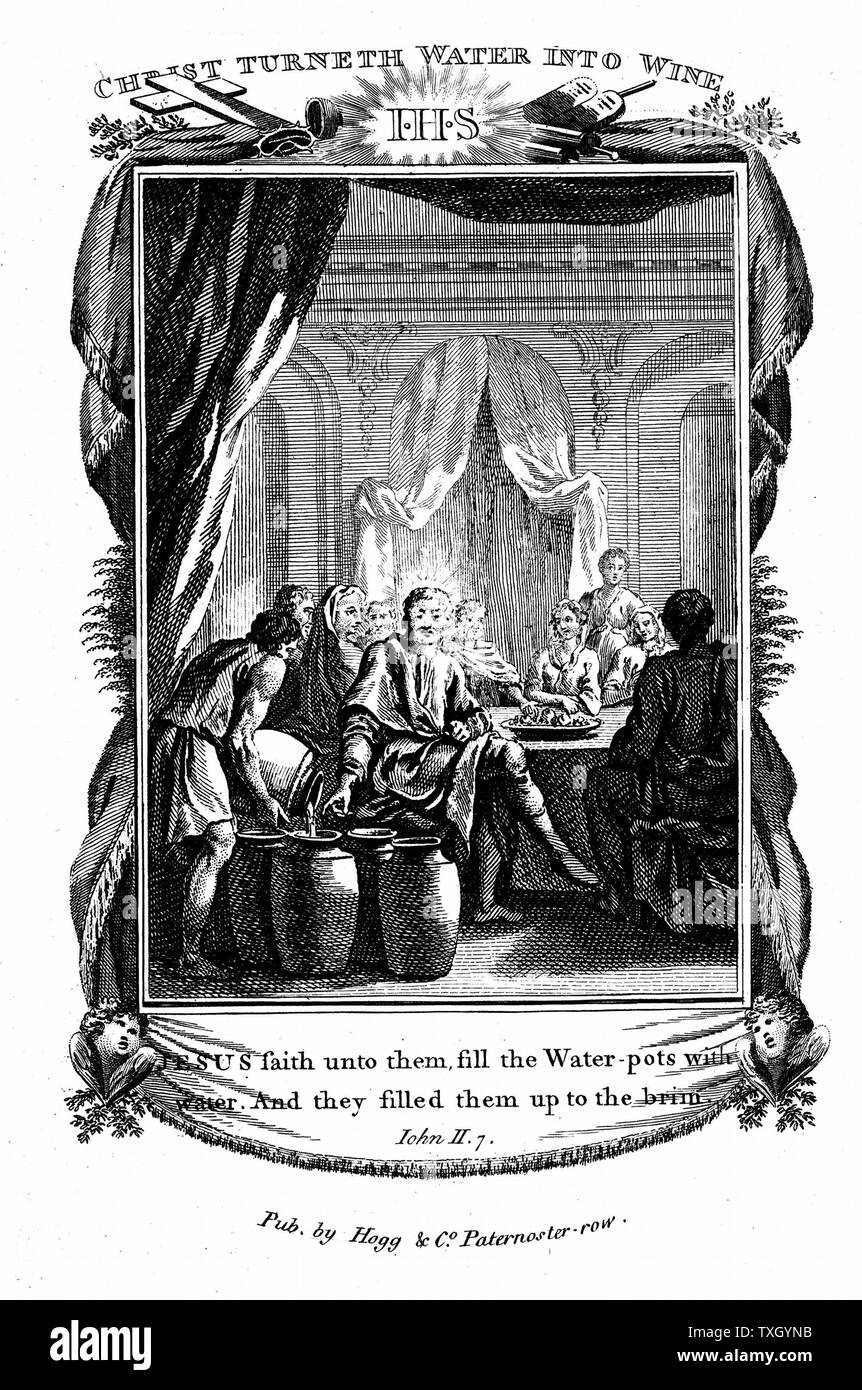 Die Hochzeit in Kana. Christus er Wasser in Wein. "Bibel" Johannes 2:7. Kupferstich 1804 Stockfoto