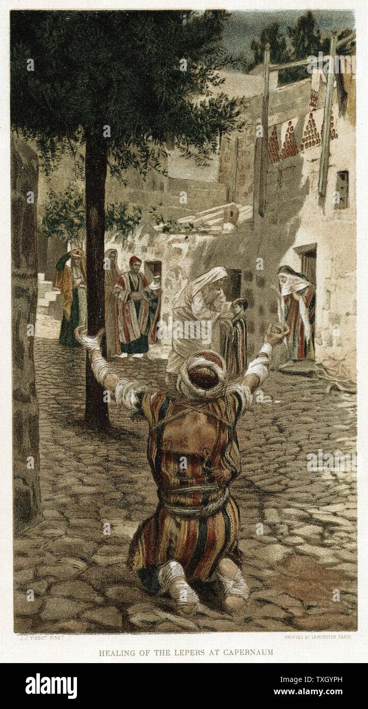 Christus, Heilung der Aussätzigen von Kafarnaum.  Mark I. Von JJ Tissot c1890 "Das Leben unseres Erlösers Jesus Christus". Oleographie Stockfoto