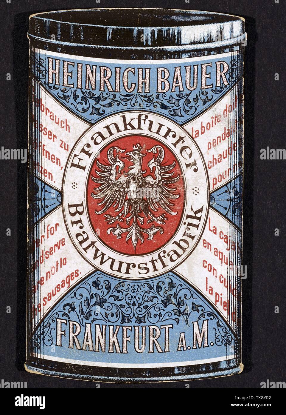 Vorderseite des Handels Karte für Frankfurter Würstchen aus der Dose von Heinrich Bauer in Frankfurt am Main produziert. c 1895. Stockfoto