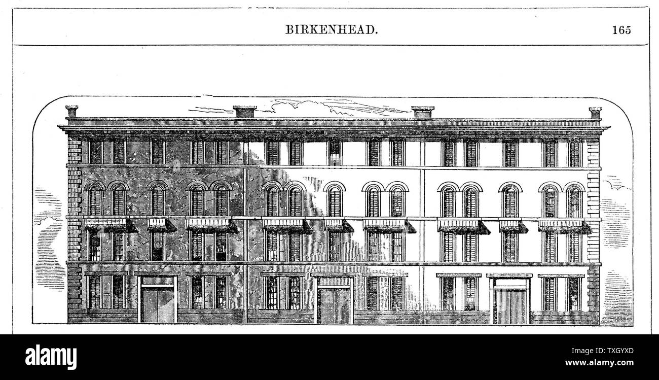 Niedrige miete Arbeiter Wohnungen von Birkenhead Dock Co. c 1844 gebaut: Architekt CE. Lang. Avenue von Wohnungen. Jeder Block war 3 "Häuser" von 4 Etagen, die jeweils in 2 Wohnungen mit Wohnzimmer, 2 Schlafzimmer, Waschraum/Abstellraum aufgeteilt. Holzstich c 1860 Stockfoto