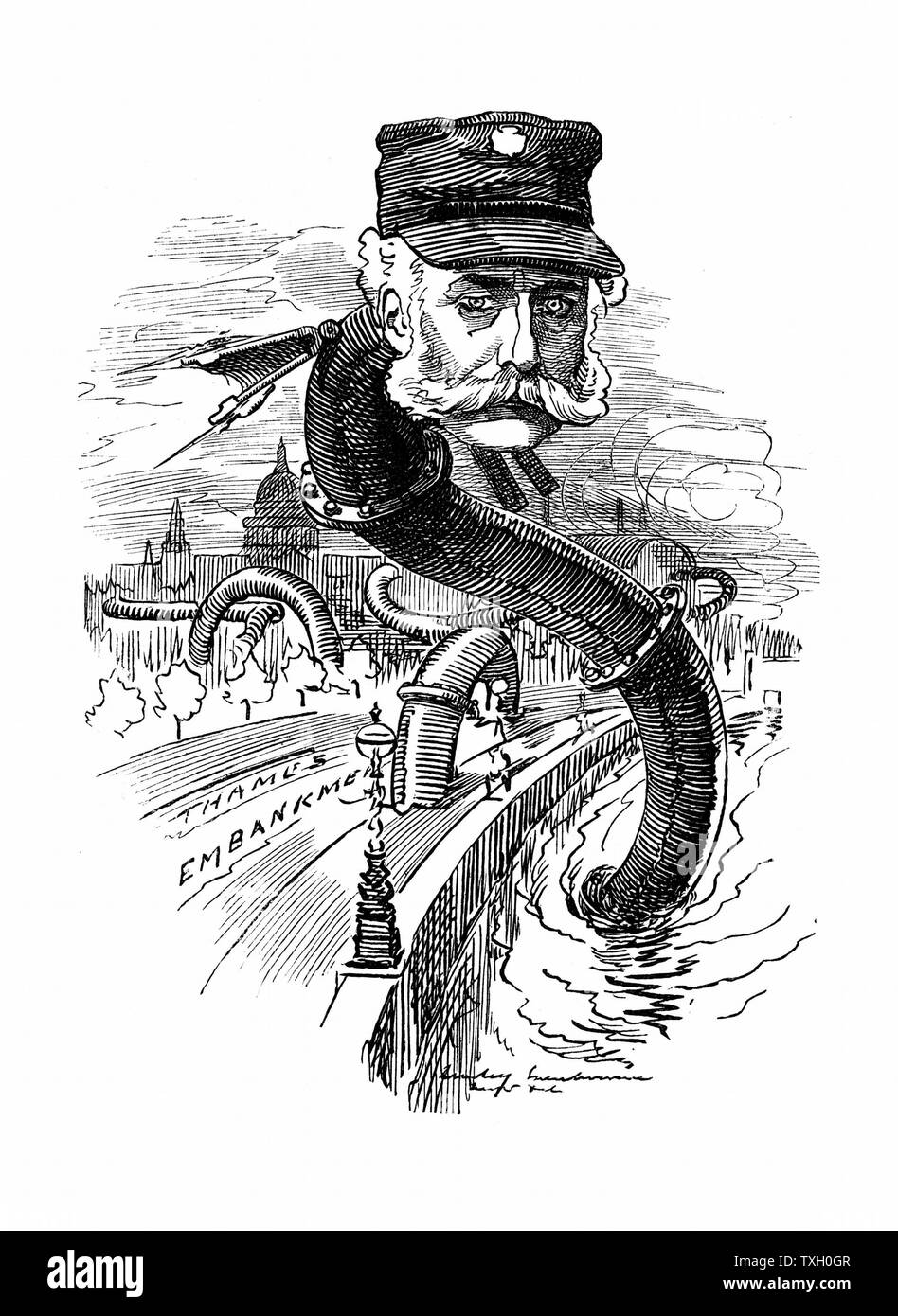 Joseph Bazalgette (1819-91) Englisch Bauingenieur; öffentliche Gesundheit; Metropolitan (London) Main Drainage System; Thames Embankment. Zeichentrickfilm in der phantastischen Porträts Serie von Edward Linley Sambourne von 'Lochen' London 1883 zeigte ihm, aus der Themse mit Serpentine Körper aus. Gravur Stockfoto