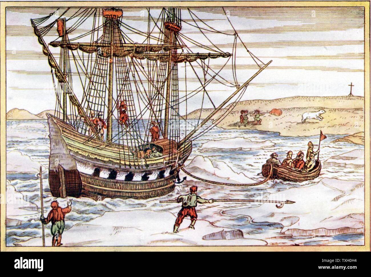 Willem Barents (d. 1597) Niederländische navigator, led-Expeditionen auf der Suche nach der Nordostpassage. Barents' Schiff unter dem Eis der Arktis. Abbildung nach Konto Gerard de Veer von drei Reisen Barents", veröffentlicht 1598 Stockfoto