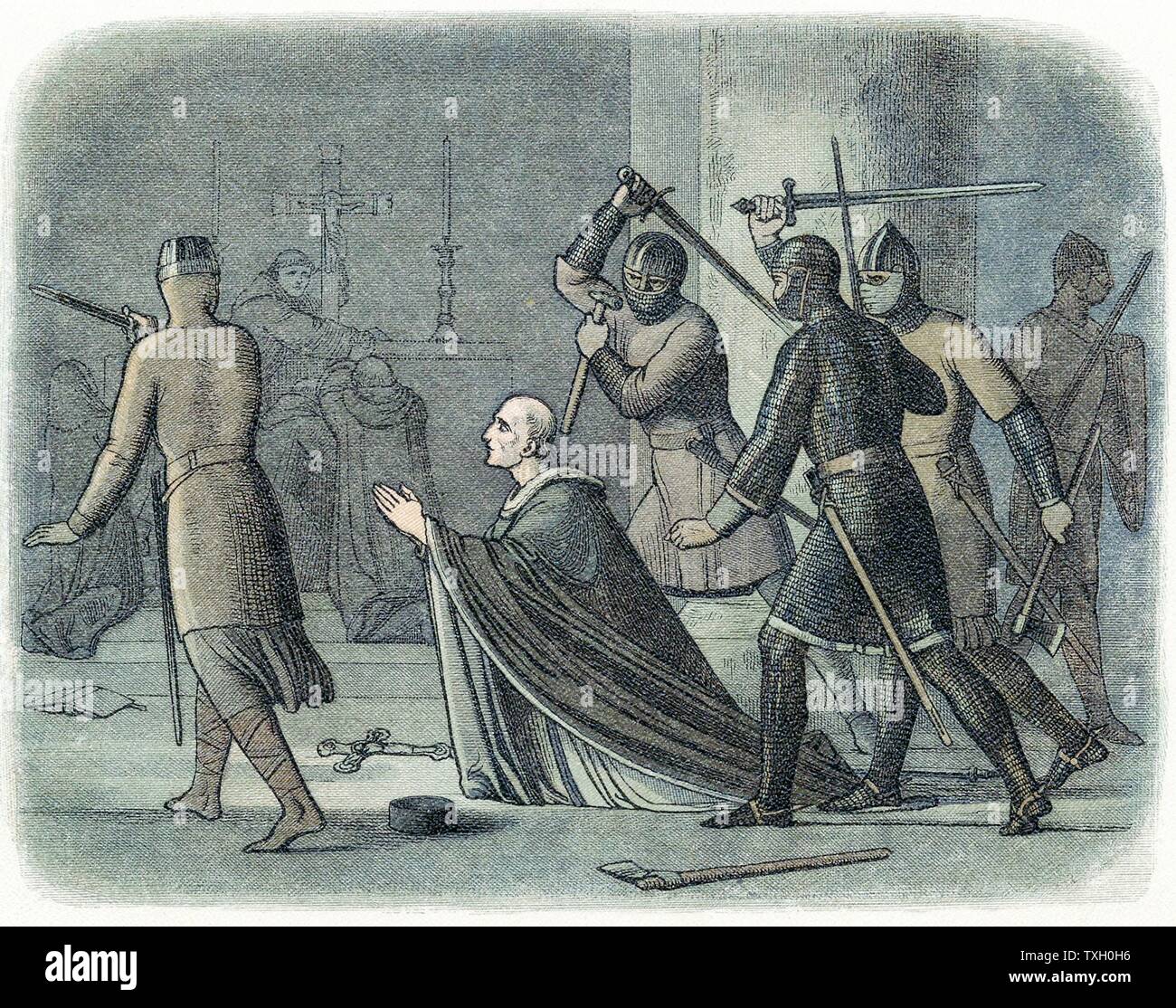 Thomas Becket (1118-70) Englisch Kirchenmann, Heiliger und Märtyrer; Erzbischof von Canterbury von 1178; in der Kathedrale von Canterbury ermordet. Holzschnitt von Hartmann Schedel "Liber Chronicarum Mundi" (Nürnberg Chronik) Nürnberg 1493. Stockfoto