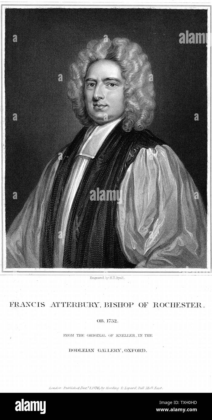 Francis Atterbury (1663-1732) Englischer Prälat, polemische Schriftsteller und Redner; Bischof von Rochester 1713. Nach der Abfolge von George I (1714) Jacobite Ursache unterstützt; 1723; Exil in Paris gestorben. Gravur nach Portrait von kneller. Stockfoto