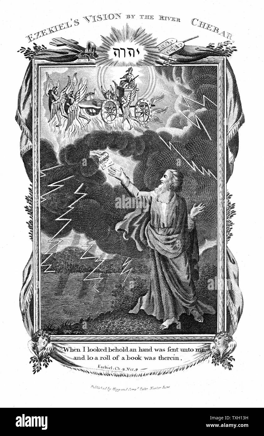 Hesekiels Vision der Wagen in den Himmel und mit einer Hand in den Wolken heraus halten ein Buch zu ihm, c 614 v. Chr.. "Bibel": Hesekiel II: 9. Eine moderne Erklärung ist, dass Hesekiel, auf der vier großen hebräischen Propheten, beobachtet parhelia (mock Sonnen), ein Phänomen, das durch Reflexion von Wassertropfen oder kleinste Partikel in der Atmosphäre der Erde verursacht. Kupferstich 1804 Stockfoto
