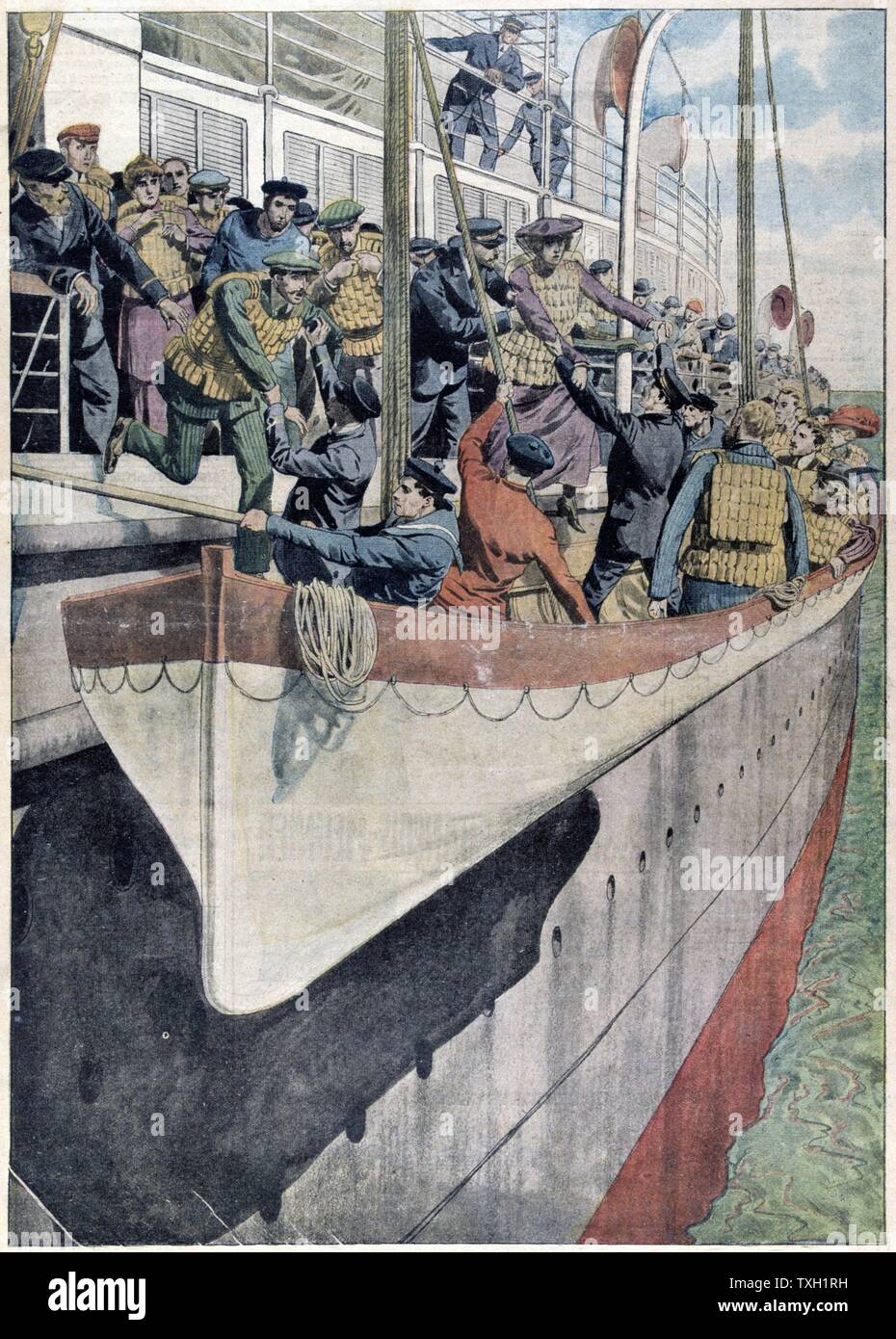 Die Lektion der SS Titanic: Rettungsboot Bohren auf einem Passagierschiff, 1912. Aus der 2228 Menschen an Bord auf der Titanic, nur 705 überlebten. Eine wesentliche Ursache für den Verlust des Lebens war die nicht ausreichende Anzahl Rettungsboote. Bessere Bereitstellung von Schwimmwesten und Rettungsboote begann unmittelbar nach der Katastrophe. Von "Le Petit Journal". (Paris, 2. Juni 1912). Stockfoto