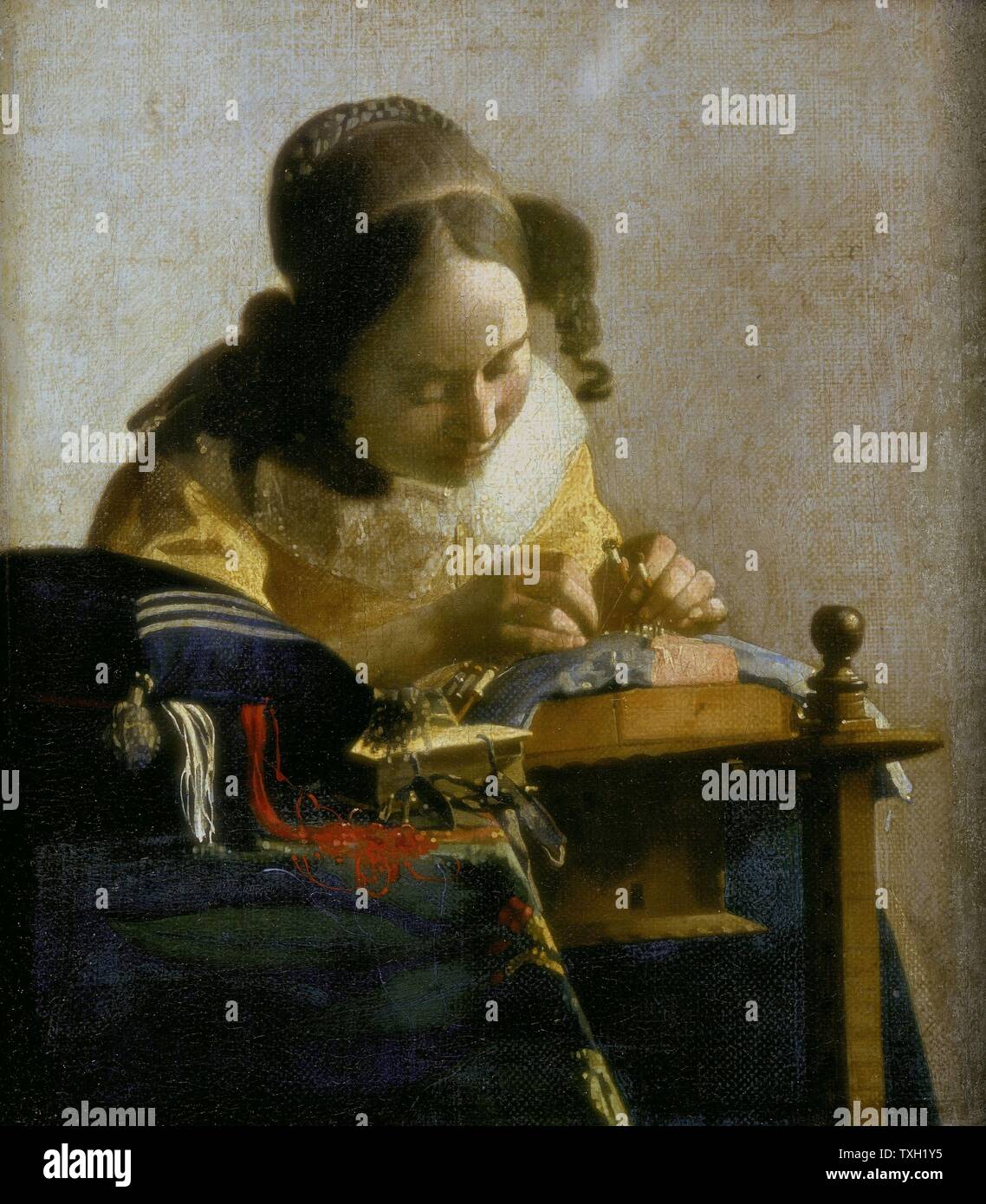Johannes Vermeer niederländische Schule Die Lacemaker c. 1670-1671 Öl auf Leinwand (24 x 21 cm) Paris, Musée du Louvre Stockfoto
