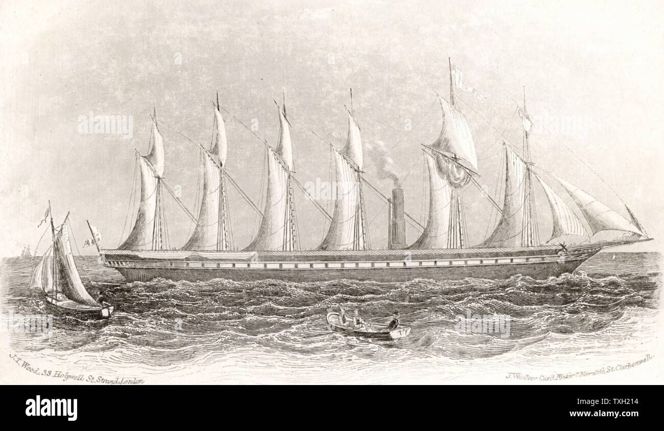 Die Großbritannien Dampf schiff', c 1843. Entworfen von Isambard Kingdom Brunel (1806-1859), war sie für die transatlantische Pkw Handel gebaut. Im Falle, sie machte die meisten von ihren Reisen auf der Australischen ausführen. Am 19. Juli 1843 ins Leben gerufen, sie war die erste hochseetaugliche Schiff mit einer Schraube und einem eisernen Rumpf. Dies zeigt ihr in ihrem ursprünglichen Zustand mit sechs Masten. Stockfoto