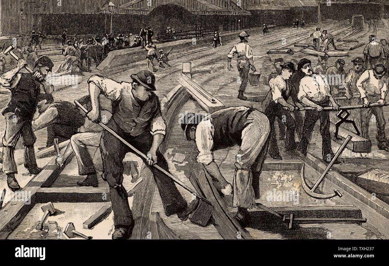 Das Ende der Breitspur, 1892. In Arbeit bei Plymouth Station, Devonshire, von breitspur zu standard Gauge Railway Track zu ändern. Von der "Romantik der Engineering' von Henry Frith. (London, 1892). Stockfoto