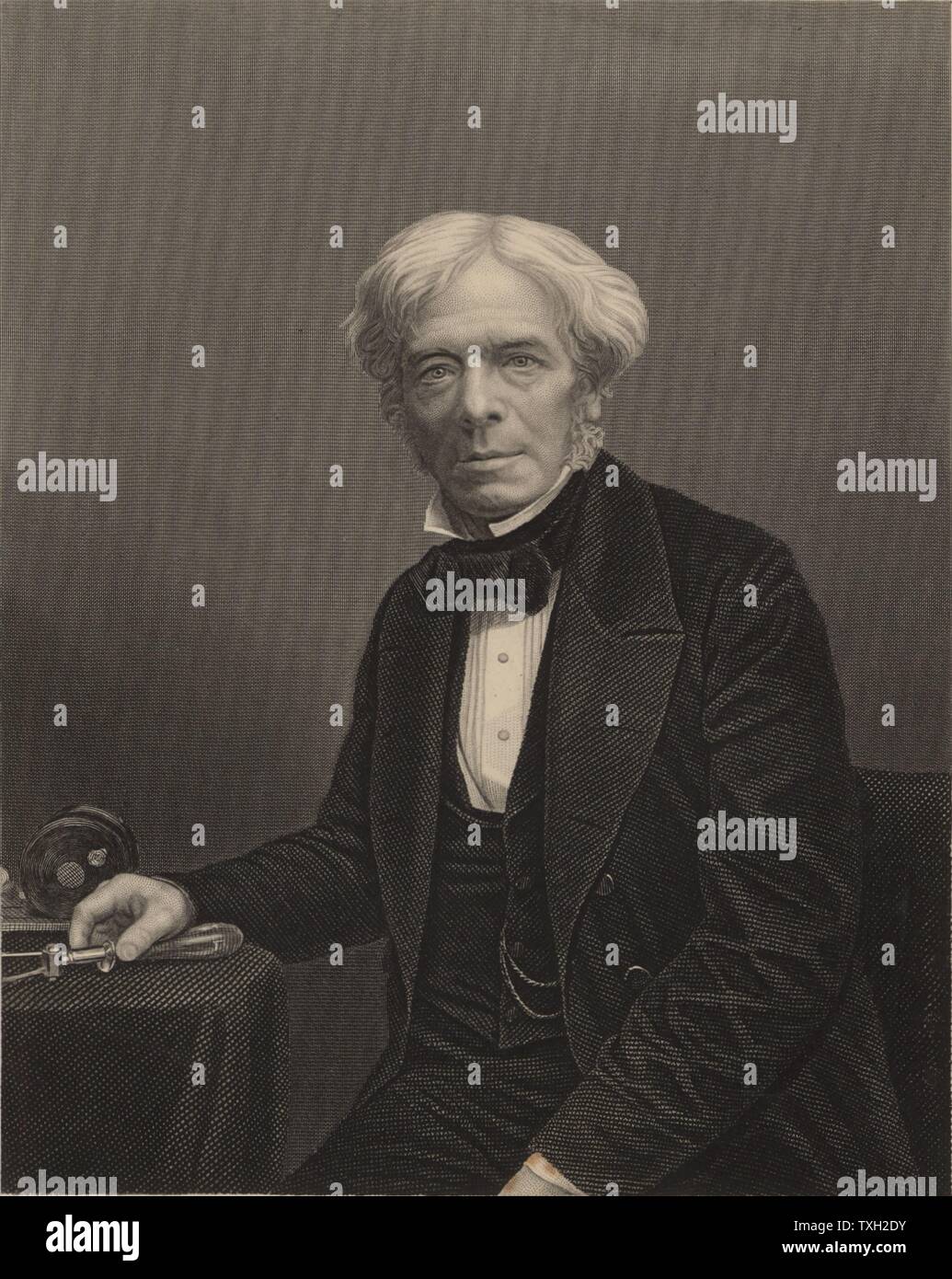 Michael Faraday (1791-1867) englischer Chemiker und Physiker. Im Jahre 1813 wurde Laboratory Assistant Humphry Davy an der Royal Institution in London. Im Jahre 1833 folgte er Davy als Professor der Chemie an der RI. Gravur. Britische Stockfoto