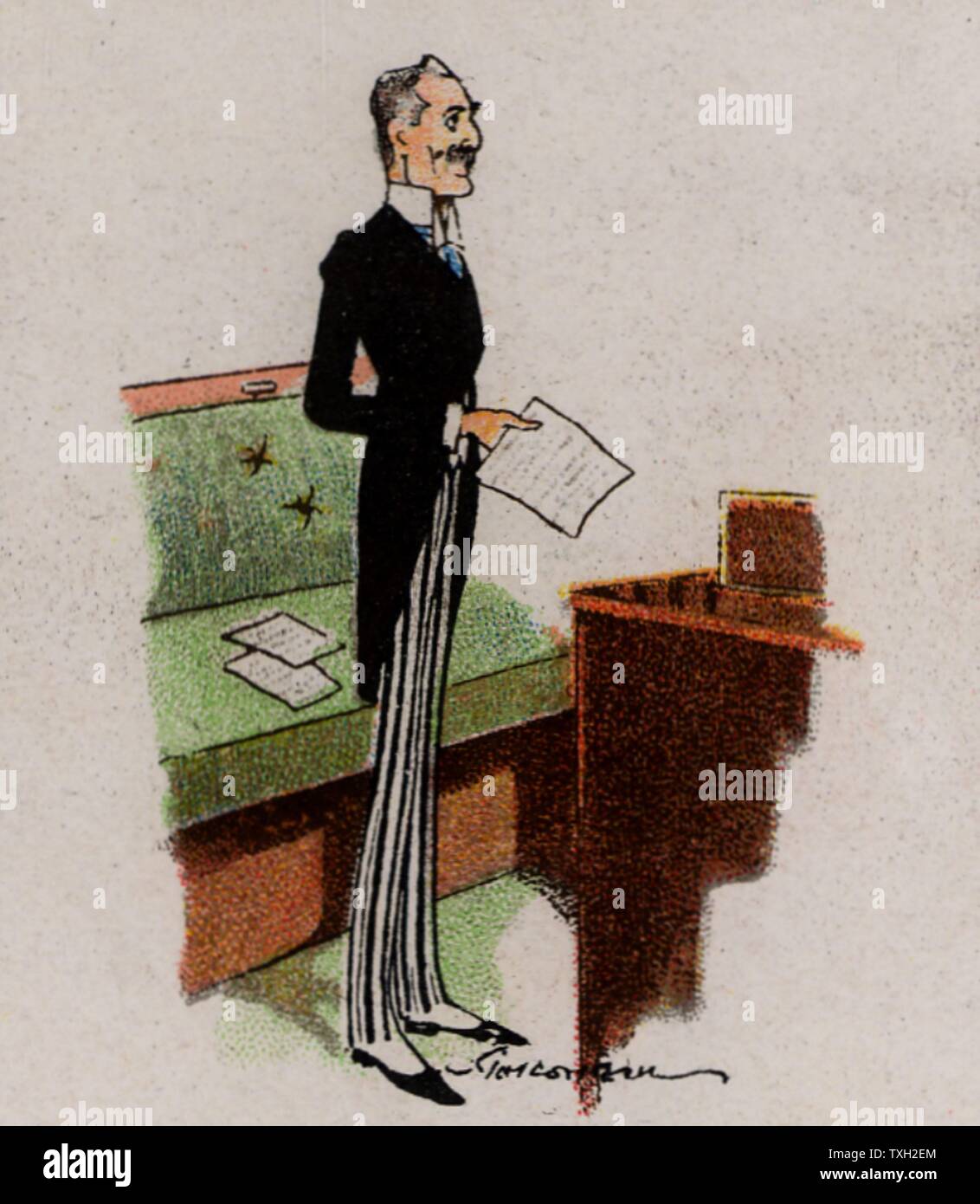 (Arthur) Neville Chamberlain (1869-1940), britischer konservativer Politiker. Schatzkanzler 1923-1924 und 1931-1937: Minister für Gesundheit 1924-1929: Premierminister 1937-1940. Chamberlain im Dispatch, um das House of Commons Adressierung. Aus einer Reihe von Karten auf "Bemerkenswerte MPs' (London, 1929). Stockfoto
