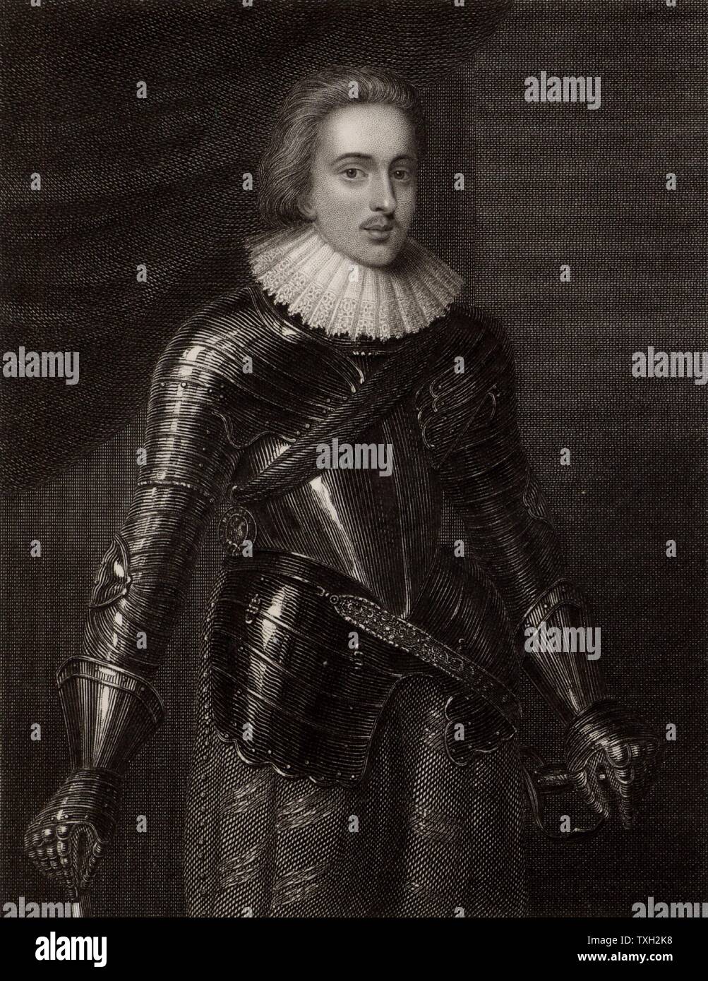 Heinrich, Prinz von Wales (1594-1612)' der Paragon Prinz", ältester Sohn von James I und VI. An Typhus gestorben (?) Fieber nach dem Schwimmen in der Themse. Ein überzeugter Protestant, sein früher Tod der Britischen geändert, und vielleicht Europäische, Geschichte durch die Abfolge von seinem jüngeren Bruder Karl I. Gravur zu Thron nach dem Porträt von mytens. Stockfoto