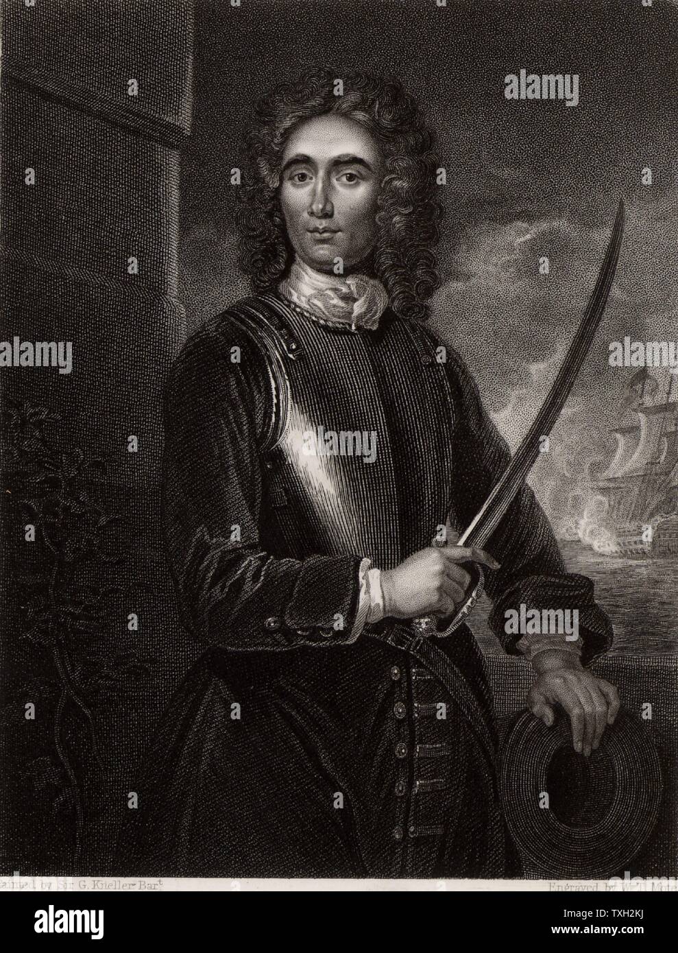 John Benbow (1653-1702) German naval Commander in Shrewsbury, Shropshire geboren. Vizeadmiral 1701. In Westindien, aus Santa Marta, begegnete er überlegenen Französischen Truppen unter Du Casse am 19. August 1702. Sein Bein durch die Kette zerschlagen - geschossen und von seinen Obersten verlassen, starb er in Jamaika an seinen Wunden im Oktober. Als "Brave Benbow' erinnert. Gravur nach Portrait von Godfrey Kneller. Stockfoto