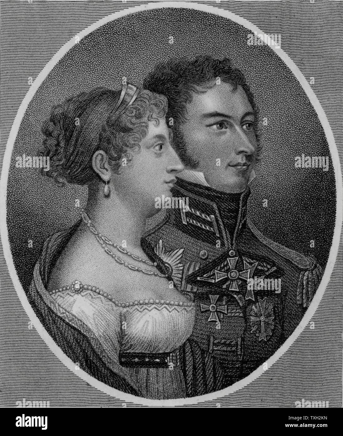 Prinzessin Charlotte von Wales (1796-1817) nur Kind von Georg IV. von Großbritannien und Caroline von Braunschweig, mit ihrem Mann Leopold von Sachsen-coburg (1790-1865) später Leopold I. von Belgien, den sie 1816 heiratete. Erbin des Throns und allgemein beliebt, sie starb bei der Geburt 1817. Dichtfläche Gravur von "Geschichte der Kriege, die von der Französischen Revolution entstanden...' von CH Gifford (London, 1817). Stockfoto