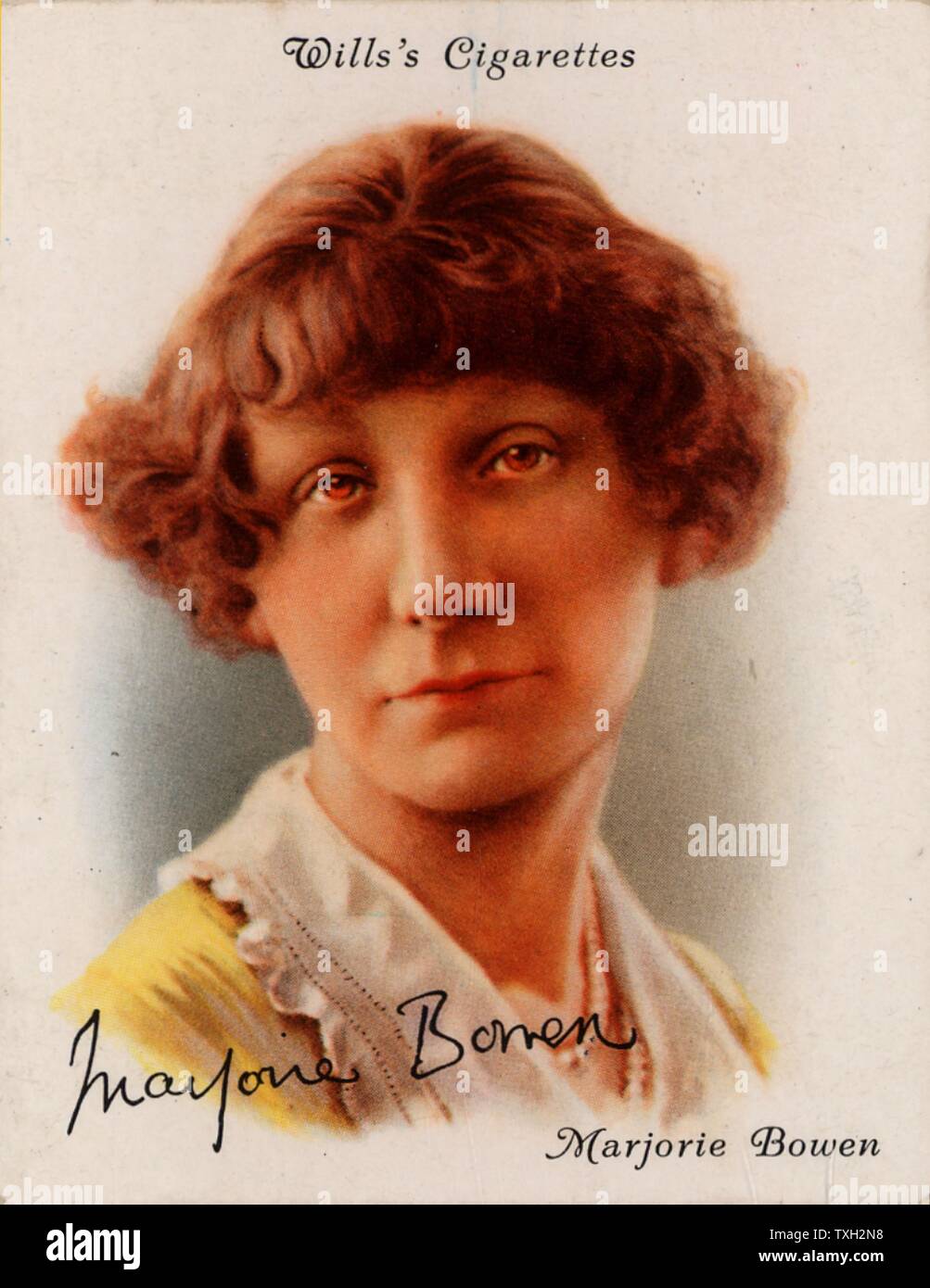 Marjorie Bowen (1885-1952), einem der Pseudonyme von Gabrielle Margaret Vere Lange, geb. Campbell. Britische Schriftstellerin, Biograf und Essayist, Autor von historischen Romanen und Erzählungen für Kinder. Aus einer Reihe von Karten der berühmten britischen Autoren (London, 1937). Stockfoto