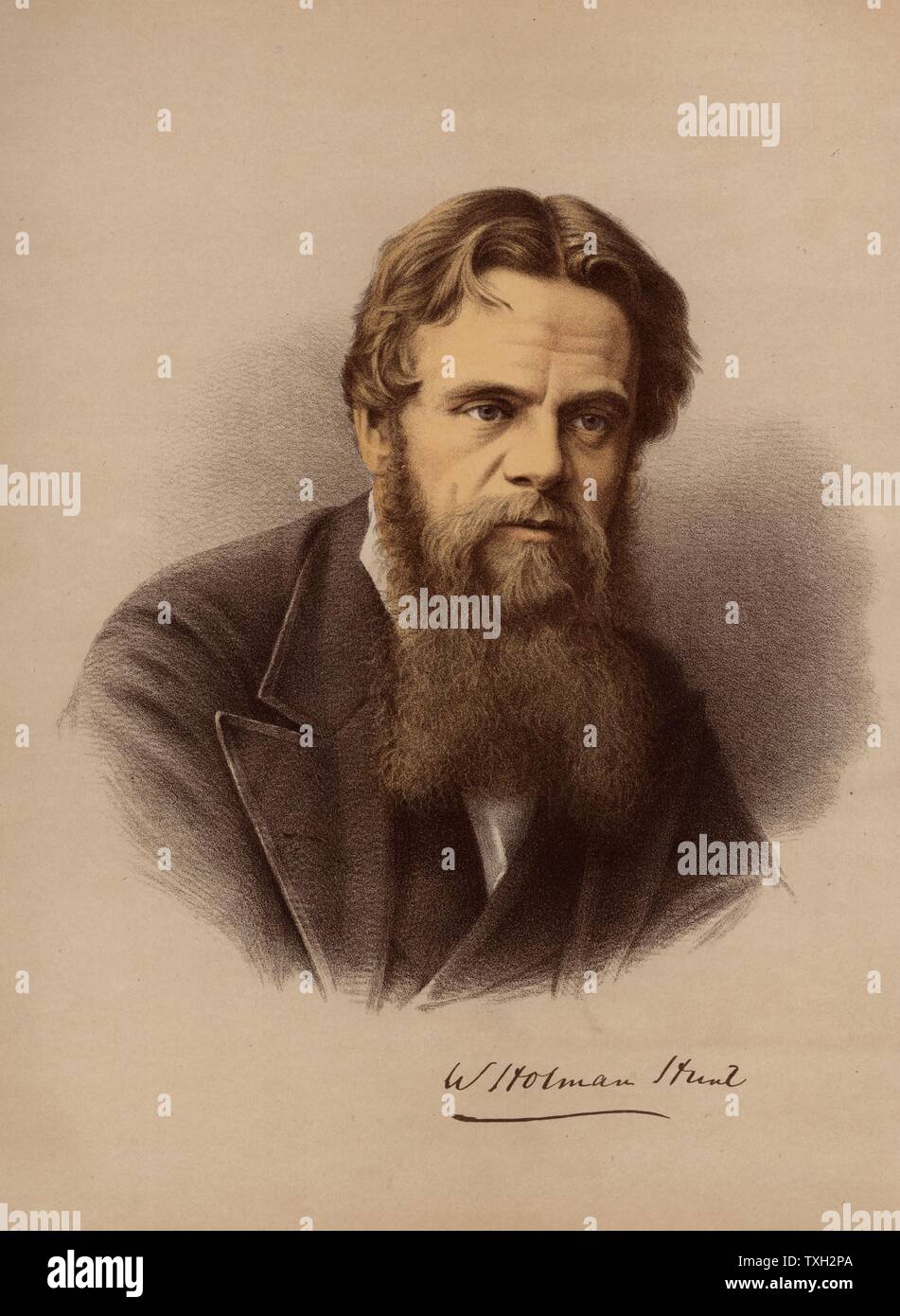William Holman Hunt (1827-1910), britischer Maler und einer der Gründer der Pre-Raphaelite Brotherhood (1848). Mit dem Bundesverdienstkreuz (1905) ernannt. Von "Der moderne Portrait Gallery' (London, c 1880). Getönte Lithographie. Stockfoto