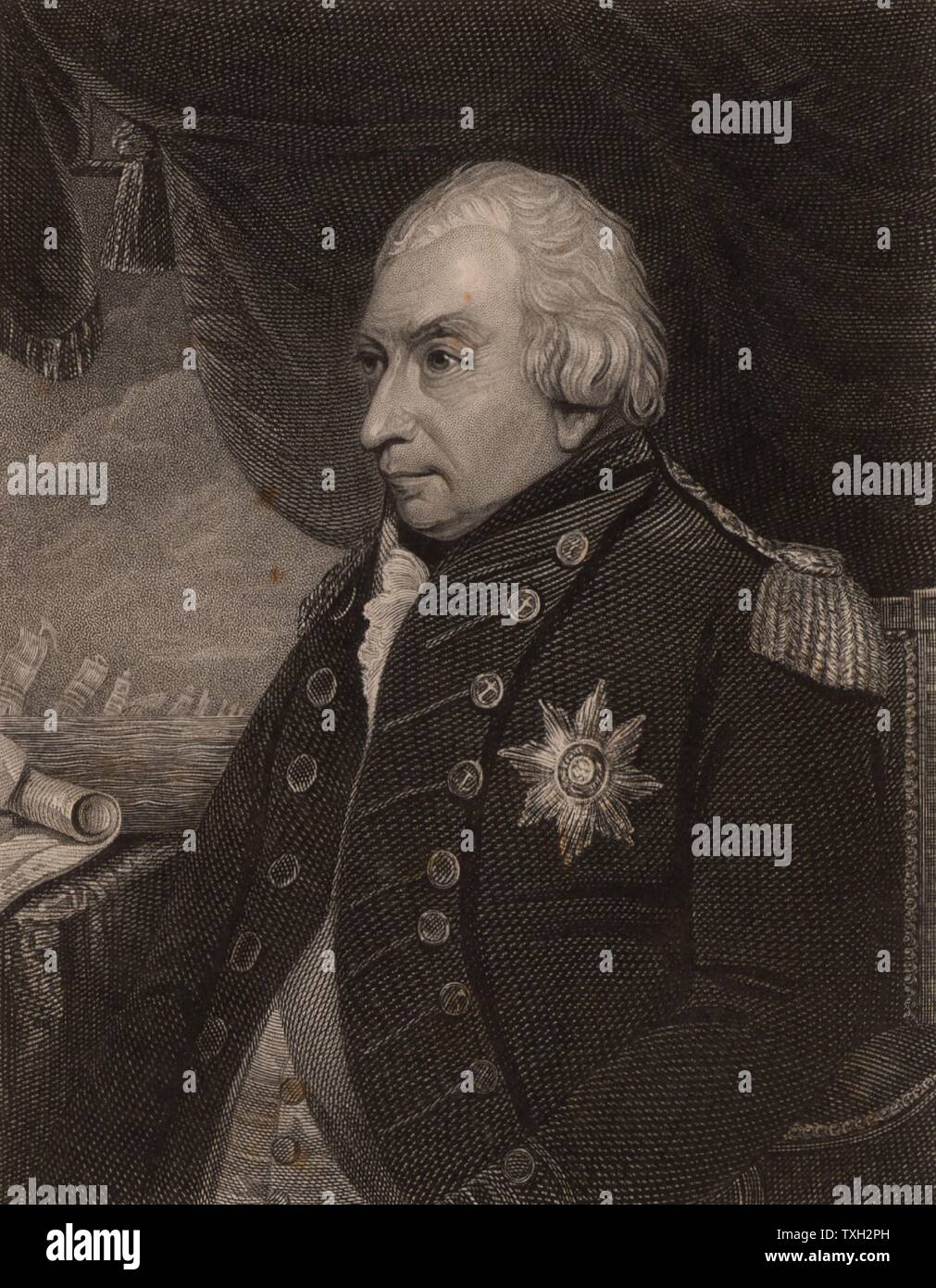 John Jervis, Earl St. Vincent (1735-1823), in Meaford, Staffordshire geboren. British Naval Officer, der Royal Navy im Jahr 1749 eingegeben und stieg in den Rang eines Admirals. Commander-in-Chief der Britischen Mittelmeerflotte (1796-1799) und Graf St. Vincent für seine Niederlage der spanischen Flotte Kap St. Vincent. Erster Lord der Admiralität 1801. Im Ruhestand 1811. Von "National Portrait Gallery' von James Jerdan (London, 1830). Stockfoto