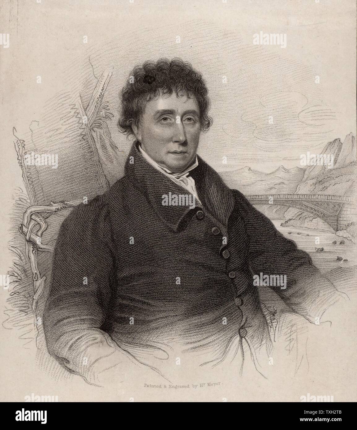 Thomas Telford (1757-1834) Schottischer Bauingenieur, geboren am Westkirk, Langholm. Lehre zu einem Steinmetz, der im Alter von 14 Jahren, wurde er der herausragende Bauingenieur seiner Generation und wurde der Koloss von Straßen für die Verbesserungen, die er zu 1.000 Meilen Straßen gemacht. Unter seinen Werken sind die ellesmere Kanal, die chirk Viadukt und die Pont Cysylte Aquädukt, der Caledonian Canal, Verbesserungen an der London nach Holyhead Road, welche die Menai Suspension Bridge, und St Katherine's Docks, London enthalten sind. Stockfoto