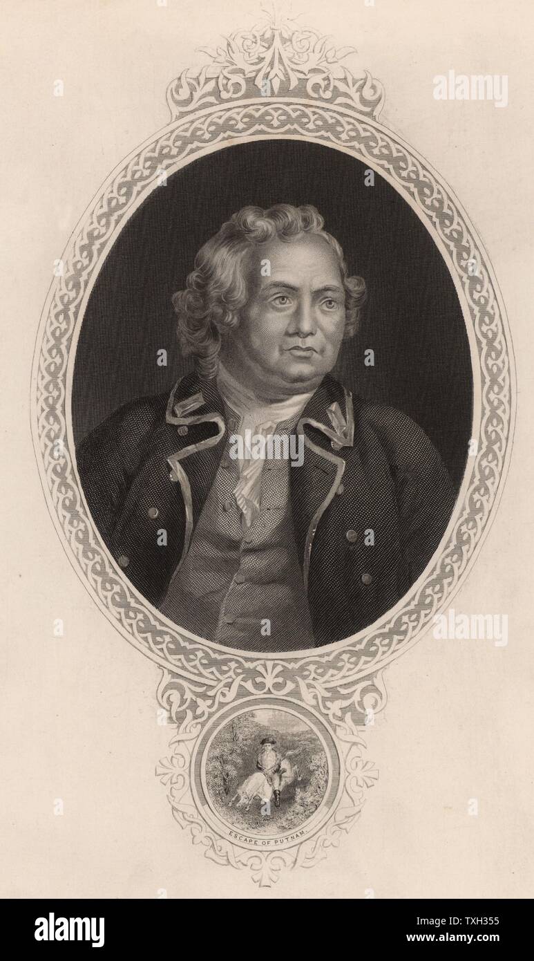 Israel Putnam (1718-1890) amerikanischer Patriot, Salem, Massachusetts geboren. Von Indianern gefangen genommen und im Jahre 1758 von der Französischen befreit. Allgemein in der amerikanischen Armee während des Amerikanischen Unabhängigkeitskrieges, auch genannt der amerikanischen Unabhängigkeit (1775-1883). Selbst in der Schlacht von Bunker Hill Unterschieden (1775). Gravur. Stockfoto