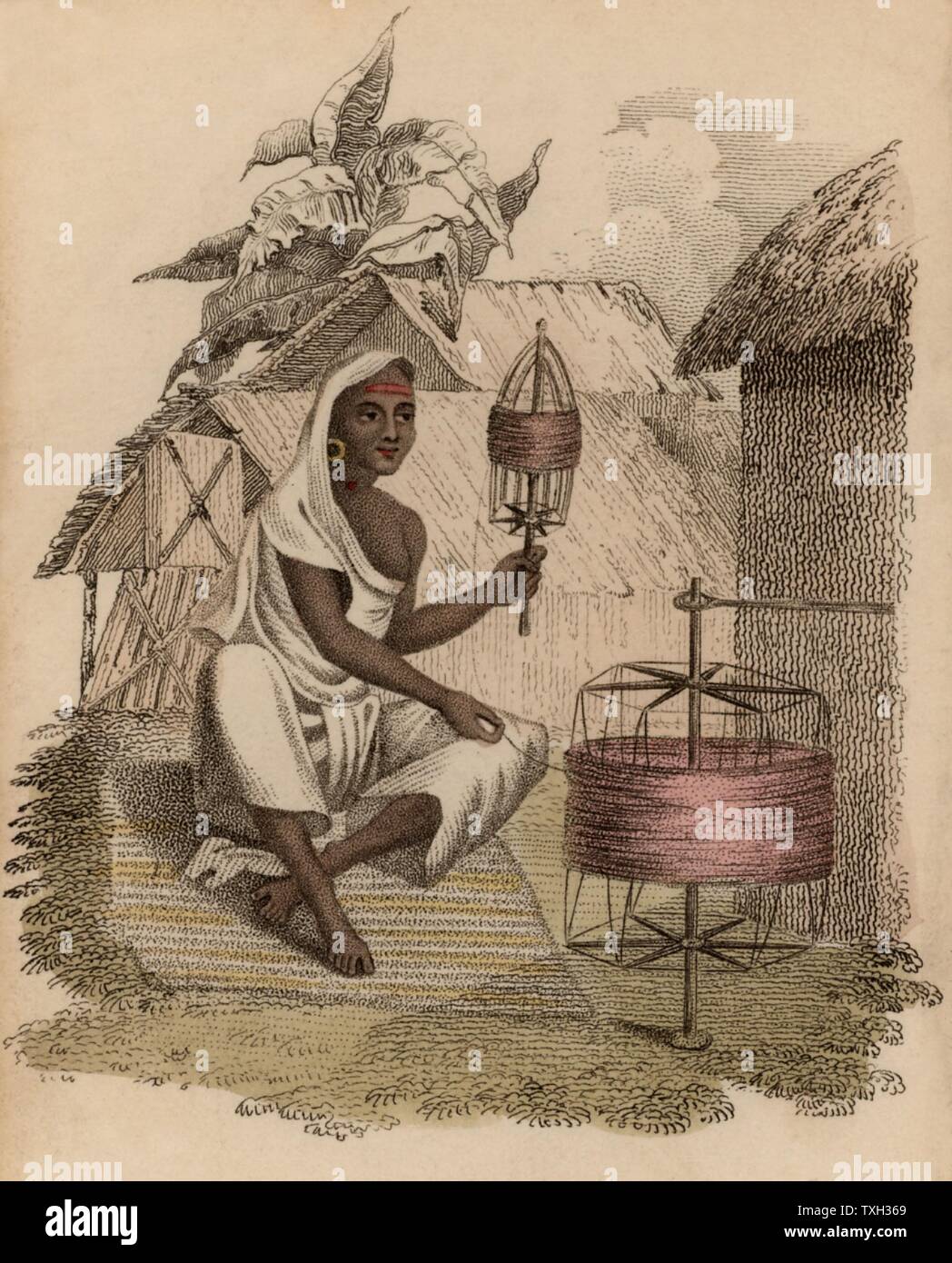 Indische Frau wicklung Seidenfaden. Hand - farbige Gravur veröffentlicht Rudolph Ackermann, London, 1822. Stockfoto