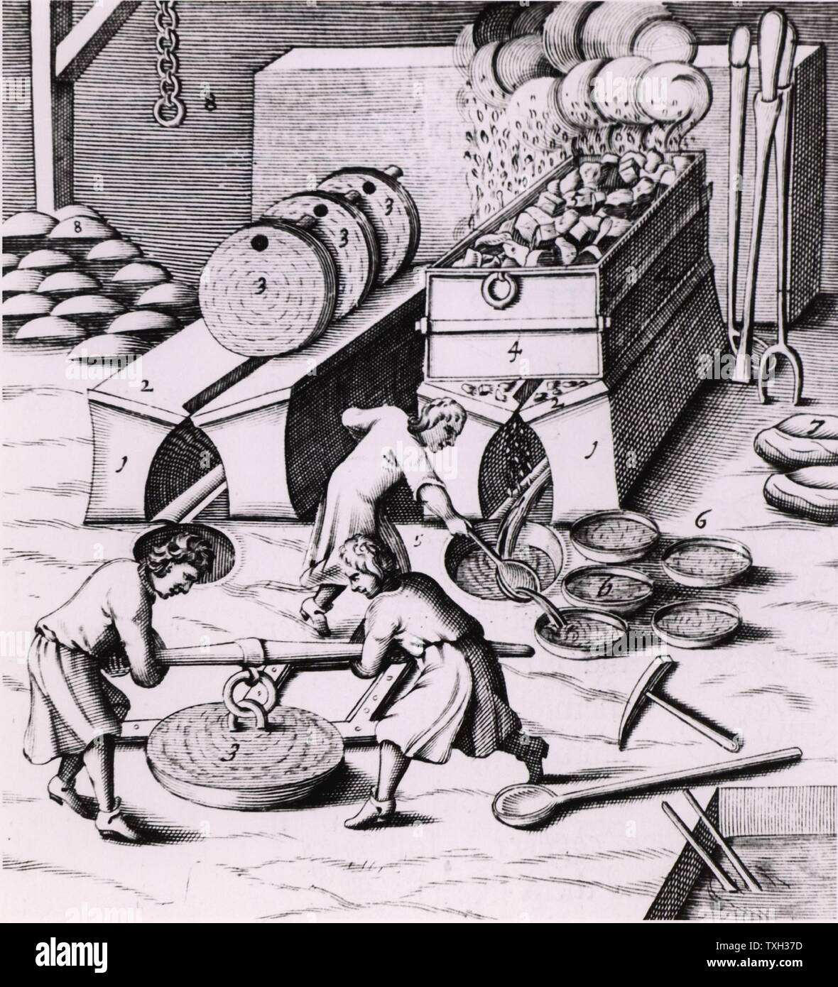 Der Verhüttung von Kupfer. Aus einer 1683 Englische Ausgabe von Lazarus Ercker' Beschreibung allerfurnemisten Ertzt mineralischen- und Berckwercksarten" ursprünglich in Prag im Jahr 1574 veröffentlicht. Kupferstich. Stockfoto