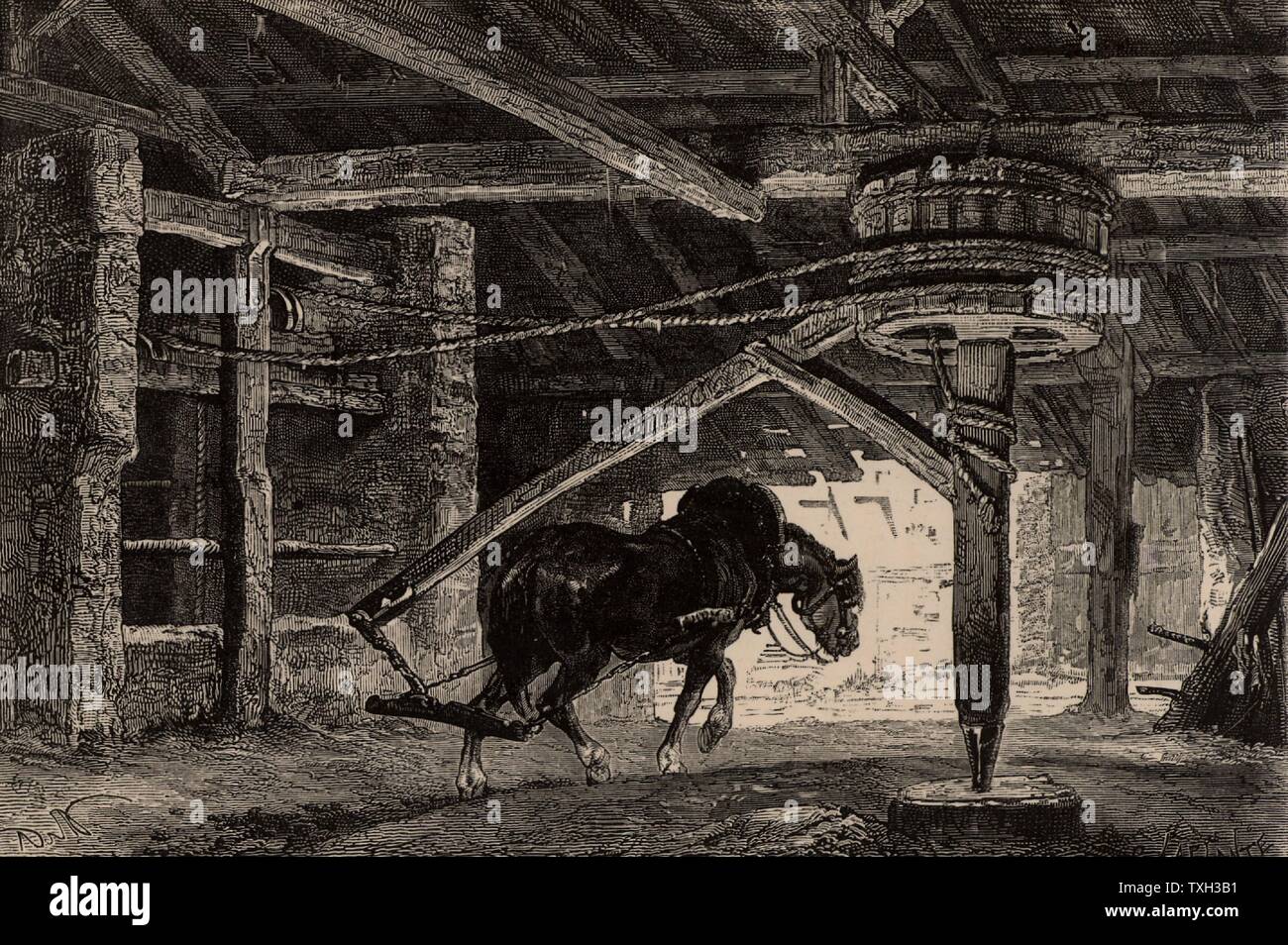 Ein Pferd-Laune oder Pferd - Gin. Ein solches Gerät wurde verwendet, um Kohle von unten auf eine Mine zu heben. Von "unterirdische Leben; Oder, Bergwerke und Bergleute" von Louis Simonin (London, 1869). Holzstich. Bergbau. Stockfoto Ein Pferd-Laune oder Pferd - Gin. Ein solches Gerät wurde verwendet, um Kohle von unten auf eine Mine zu heben. Von "unterirdische Leben; Oder, Bergwerke und Bergleute" von Louis Simonin (London, 1869). Holzstich. Bergbau. Stockfoto
