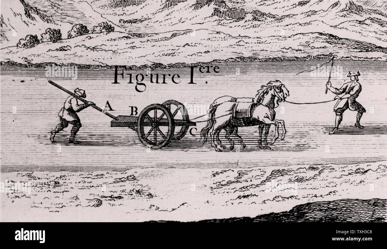 Pflugs schiffbare Flüsse und Kanäle zu vertiefen. Von "Architecture Hydraulique" von Bernard Forest de Belidor (Paris, 1737). Kupferstich. Stockfoto