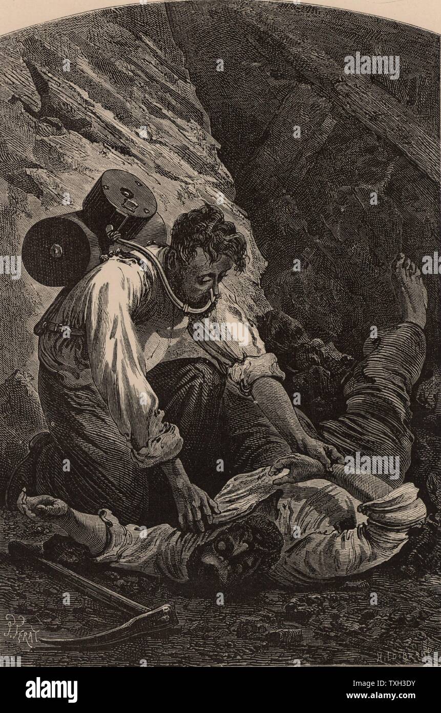 Rettung ein bergmann nach einem Pit Disaster. Der Retter wird mit Hilfe der Atmung Rouquayrol der Apparate. Von "unterirdische Leben; Oder, Bergwerke und Bergleute" von Louis Simonin (London, 1869). Holzstich. Stockfoto Rettung ein bergmann nach einem Pit Disaster. Der Retter wird mit Hilfe der Atmung Rouquayrol der Apparate. Von "unterirdische Leben; Oder, Bergwerke und Bergleute" von Louis Simonin (London, 1869). Holzstich. Stockfoto