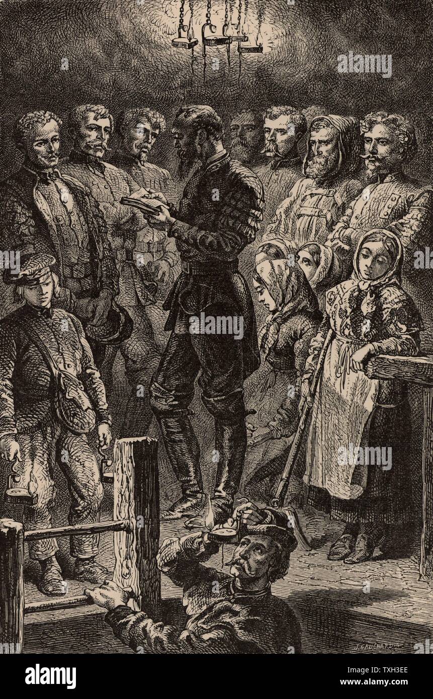 Szene in einem Deutschen metallhaltigen Mine nur die Änderung der Schicht. Die bergleute und die Frauen pit-Kopf Arbeiter hören, während die Mine engineer Gebet liest. Der Vorarbeiter ist absteigend die Welle, Vordergrund, die Änderung der Verschiebung zu überwachen, seine Öllampe in der Hand. Von "unterirdische Leben; Oder, Bergwerke und Bergleute" von Louis Simonin (London, 1869). Holzstich. Stockfoto Szene in einem Deutschen metallhaltigen Mine nur die Änderung der Schicht. Die bergleute und die Frauen pit-Kopf Arbeiter hören, während die Mine engineer Gebet liest. Der Vorarbeiter ist absteigend die Welle, Vordergrund, die Änderung der Verschiebung zu überwachen, seine Öllampe in der Hand. Von "unterirdische Leben; Oder, Bergwerke und Bergleute" von Louis Simonin (London, 1869). Holzstich. Stockfoto