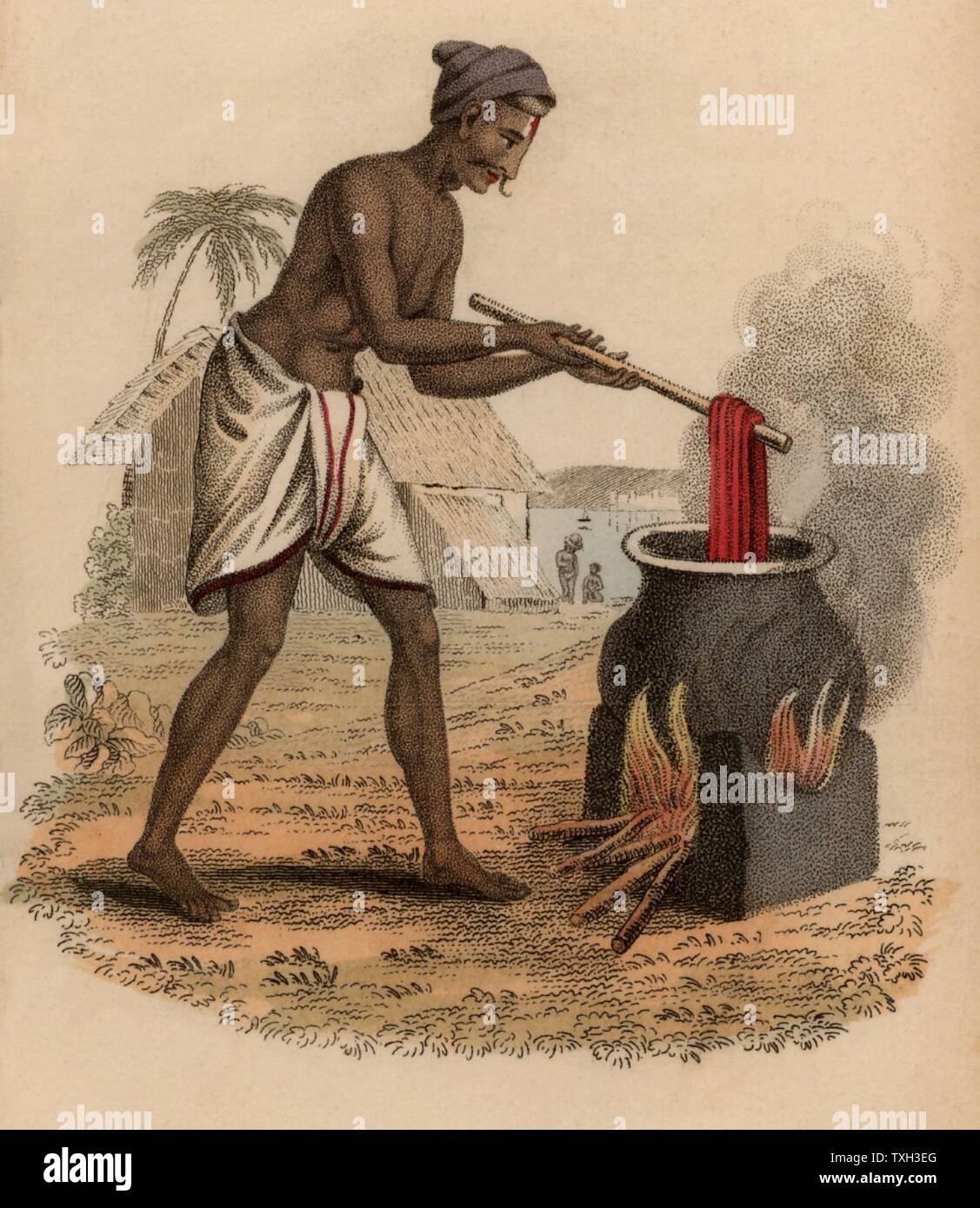 Färben Stränge aus Seide, Indien. Hand - farbige Gravur veröffentlicht Rudolph Ackermann, London, 1822. Stockfoto