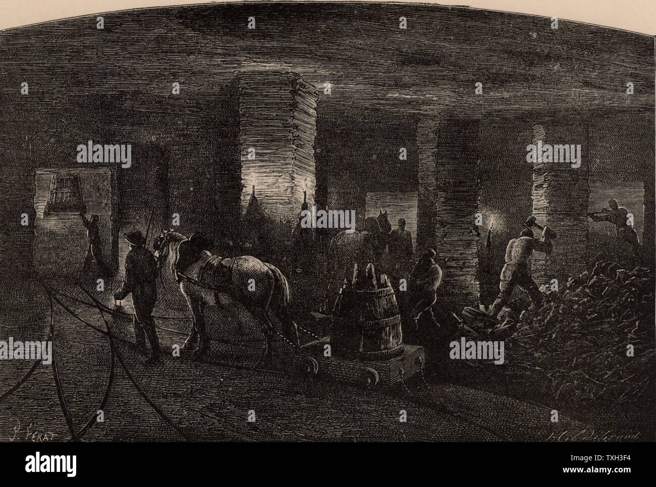 Mine in der South Staffordshire, England. In diesem dicken Naht Säulen der Kohle gelassen worden, um das Dach zu unterstützen. Ein System von Schienen, sind festgelegt und pit Ponys werden verwendet, Trolleys entlang zu ziehen, wobei corves gehauen Steinkohle in den Schacht, in dem sie erhoben wurden, auf den Boden. Von "unterirdische Leben; Oder, Bergwerke und Bergleute" von Louis Simonin (London, 1869). Holzstich. Bergbau. Kohle. Stockfoto Mine in der South Staffordshire, England. In diesem dicken Naht Säulen der Kohle gelassen worden, um das Dach zu unterstützen. Ein System von Schienen, sind festgelegt und pit Ponys werden verwendet, Trolleys entlang zu ziehen, wobei corves gehauen Steinkohle in den Schacht, in dem sie erhoben wurden, auf den Boden. Von "unterirdische Leben; Oder, Bergwerke und Bergleute" von Louis Simonin (London, 1869). Holzstich. Bergbau. Kohle. Stockfoto