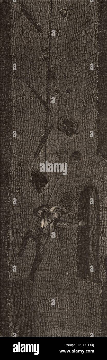 Coal miner Absteigend der Schacht auf dem looped Ende eines Seils verzweifelt Zuflucht in einer Nische in der Welle zu finden, da ein Rückgang der Welle sein Leben bedroht. Von "unterirdische Leben; Oder, Bergwerke und Bergleute" von Louis Simonin (London, 1869). Holzstich. Stockfoto Coal miner Absteigend der Schacht auf dem looped Ende eines Seils verzweifelt Zuflucht in einer Nische in der Welle zu finden, da ein Rückgang der Welle sein Leben bedroht. Von "unterirdische Leben; Oder, Bergwerke und Bergleute" von Louis Simonin (London, 1869). Holzstich. Stockfoto