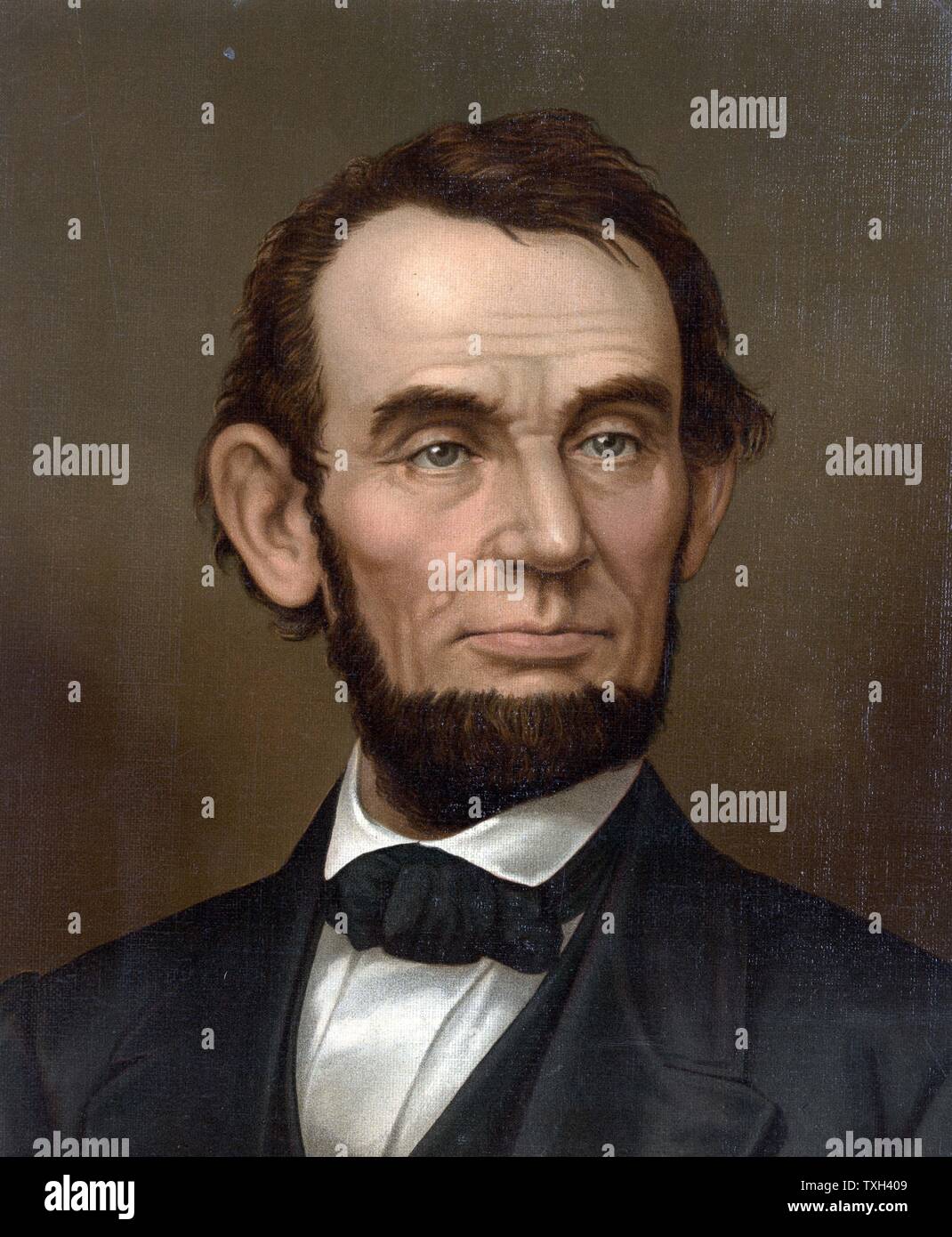 Abraham Lincoln, 16 Präsident der Vereinigten Staaten von Amerika 1861-1865. Am Ford's Theater, Washington Asassinated durch Schauspieler und Konföderierten Spion John Wilkes Booth, 15. April 1865 Chromolithograph Stockfoto