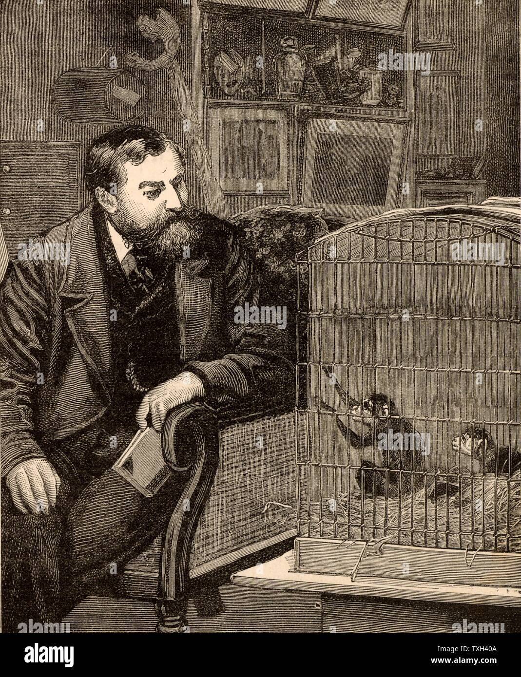 Francis Trevelyan (Frank) Buckland (1826-1880) englischer Arzt und Zoologe. Sohn von William Buckland, der englische Geologe und Dekan von Westminster. Buckland zu Hause in seiner Studie mit eingesperrten Affen. Gravur von 'Home Worte" (London, 1881). Stockfoto