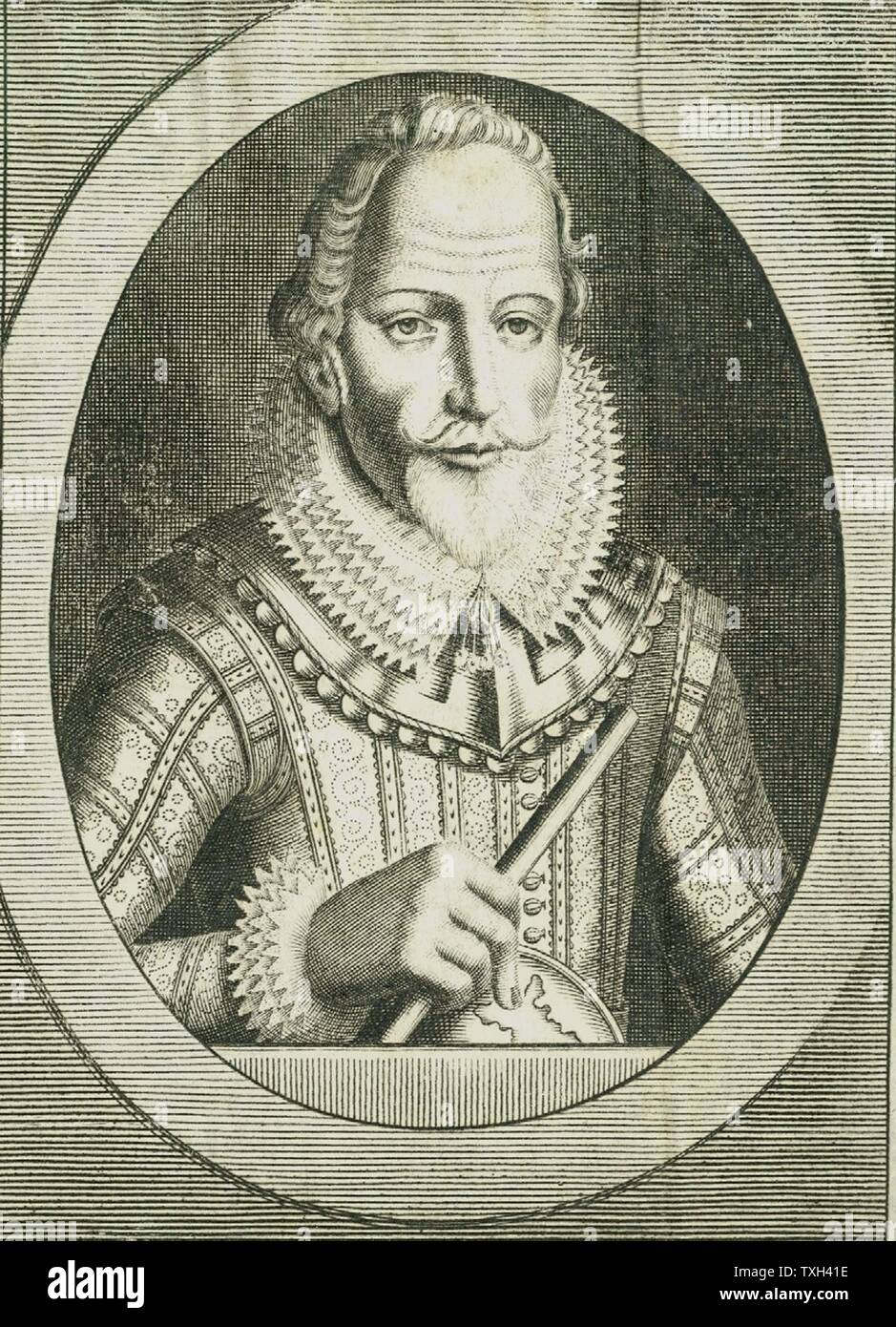 Walter Raleigh (1552-1612) Englisch Höfling und Navigator. Liebling der Elizabeth I. Halbbruder von Humphrey Gilbert. Sagte, Tabak und Kartoffeln in England eingeführt zu haben. Kupferstich von Michiel van der Gucht (1660-1725) für die Clarendon der 'Geschichte' Stockfoto