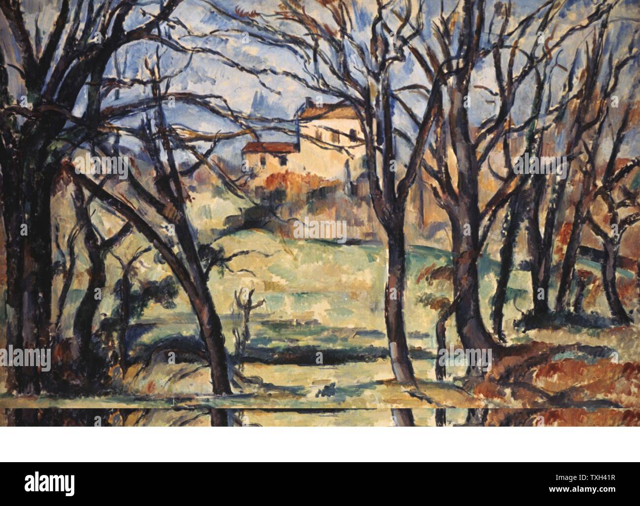 Bäume und ein Haus ", 1885-1886. Französische Post-Impressionisten Maler Paul Cézanne (1839-1906). Stockfoto