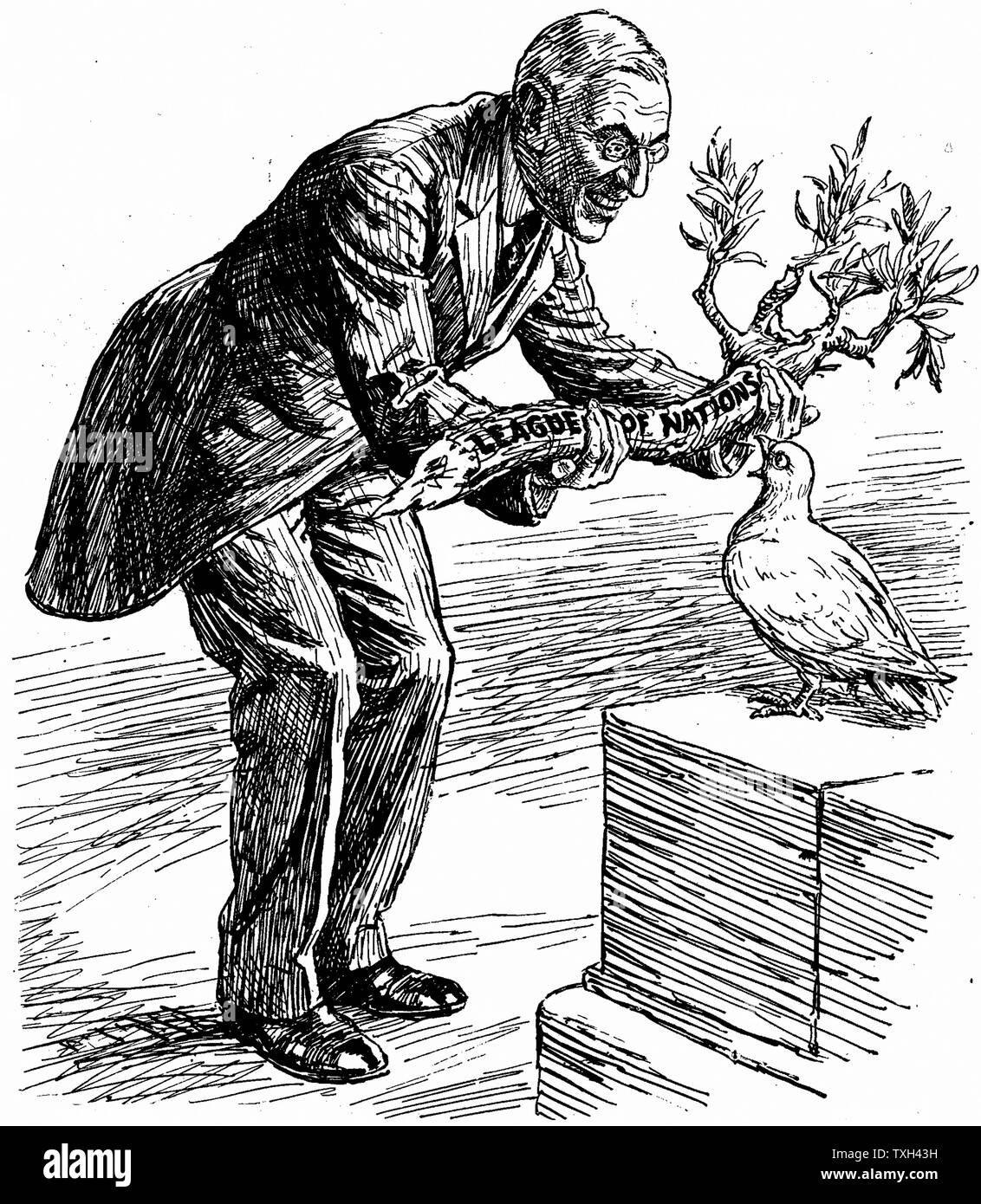 US-Präsident Wilson mit der Taube des Friedens eine Olive Branch" Liga der Nationen' beschriftet. Die Taube: "Natürlich will ich bitte alle; aber ist das nicht ein bisschen Dicke?" Cartoon Stockfoto