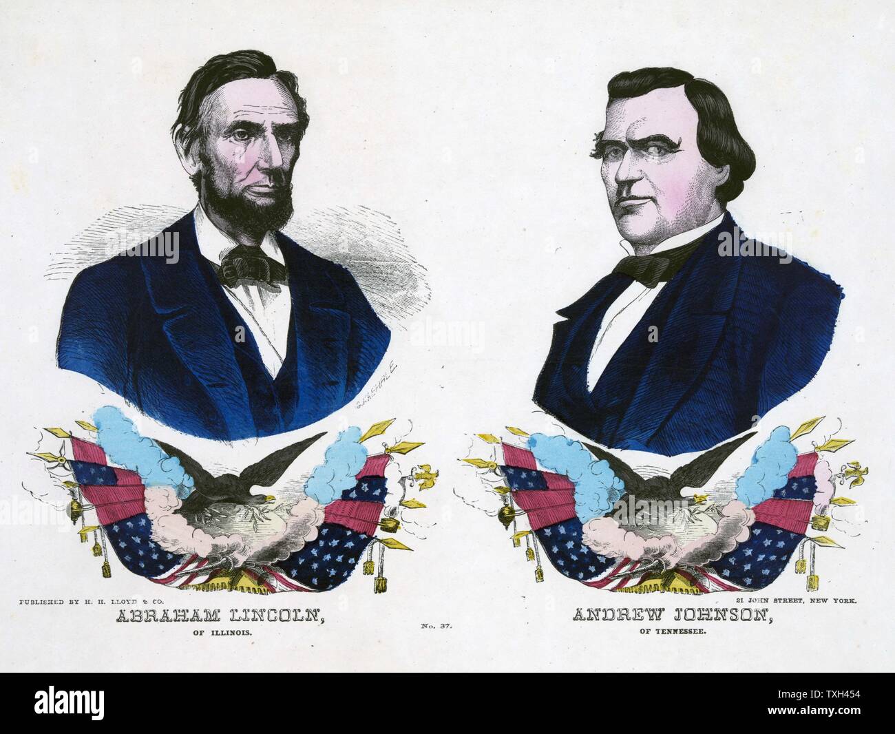 Republikanischen Kampagne Banner für die US-Präsidentschaftswahlen 1864. Abraham Lincoln, Präsidentschaftskandidat, Links, und sein Vize-Präsident Andrew Johnson. Holzstich Stockfoto