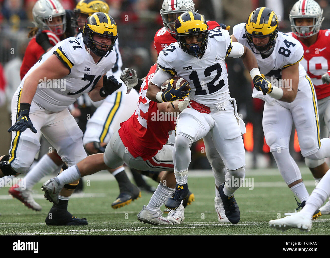 Michigan's Chris Evans läuft gegen Ohio State in der ersten Hälfte November 24, 2018 in Columbus, Ohio. Foto von Aaron Josefczyk/UPI Stockfoto
