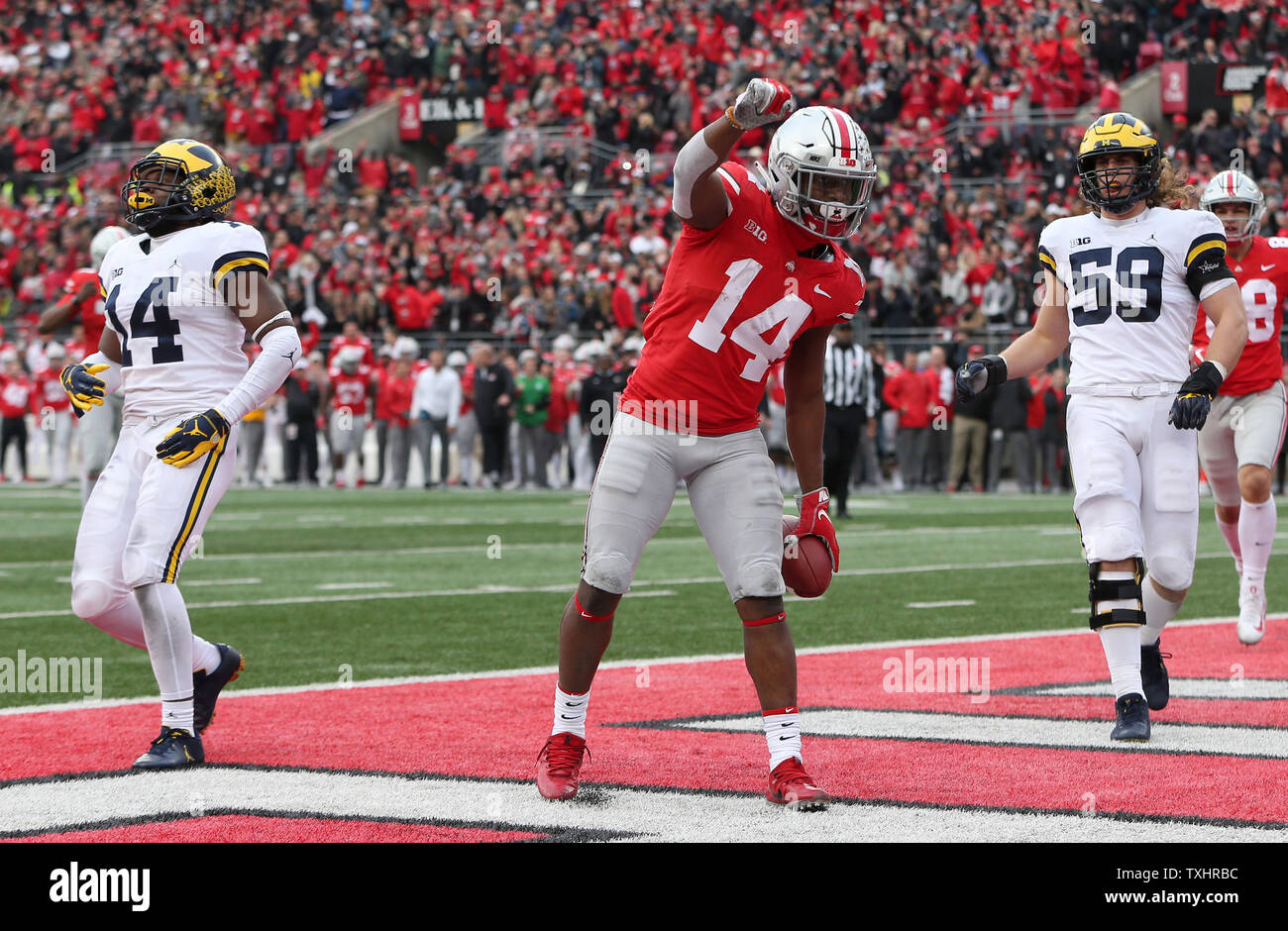 Die Ohio State K.J. Hill Jr. feiert einen Touchdown gegen Michigan November 24, 2018 in Columbus, Ohio. Foto von Aaron Josefczyk/UPI Stockfoto