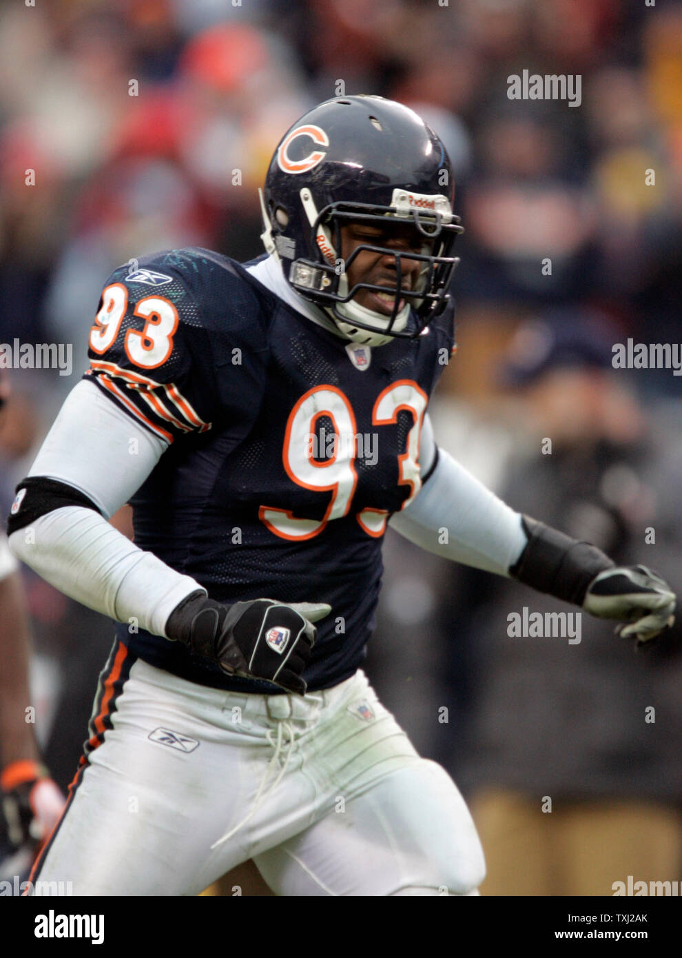 Chicago Bears defensive Ende Adewale Ogunleye (93) feiert seinen Sack von Seattle Seahawks Quarterback Matt Hassleback für ein 6 Yard Verlust während ihrem NFC divisional Play-off-Spiel bei dem Soldier Field in Chicago am 14. Januar 2007. Die Bären gewannen 27-24 in den überstunden. (UPI Foto/Markierung Cowan) Stockfoto
