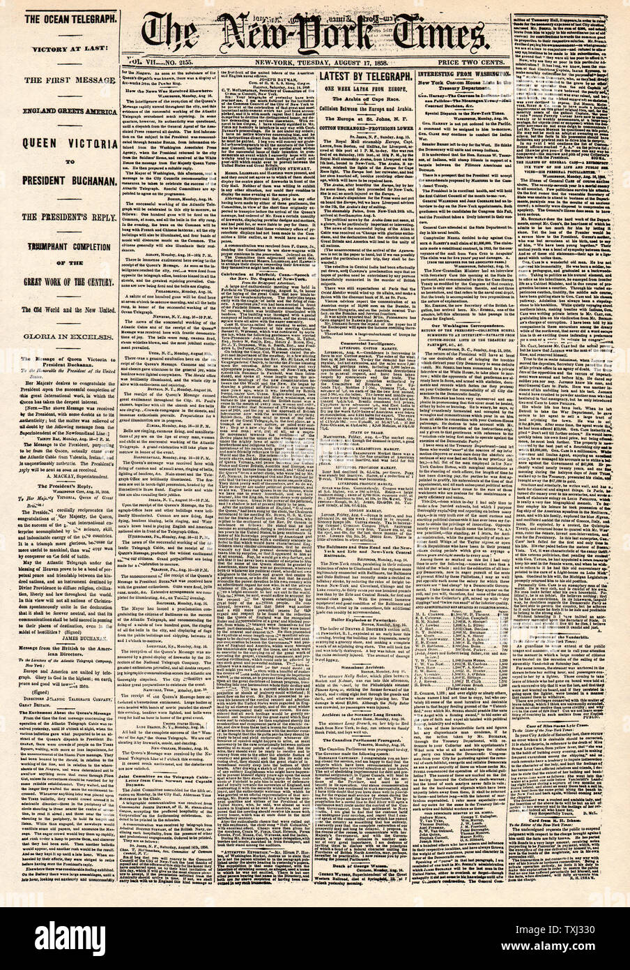 1858 New York Times erste transatlantische telegraph Nachricht Stockfoto