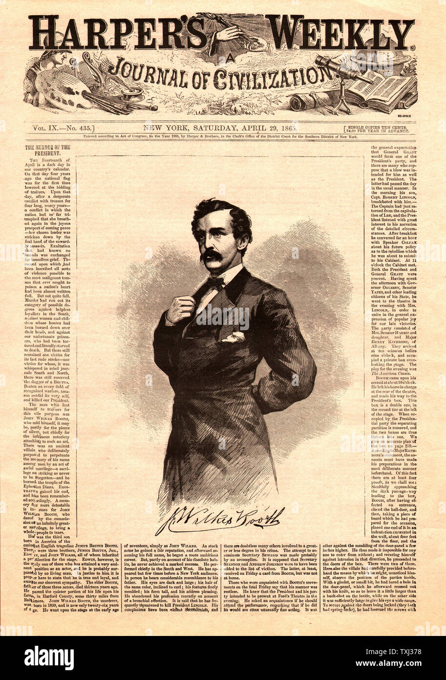 1865 Harper's Weekly Vorderseite Präsident Abraham Lincolns Attentäter John Wilkes Booth Stockfoto