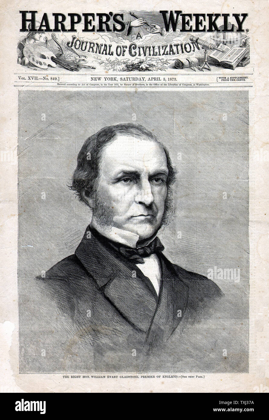 1873 Harper's Weekly Vorderseite William Gladstone der britische Premierminister Stockfoto