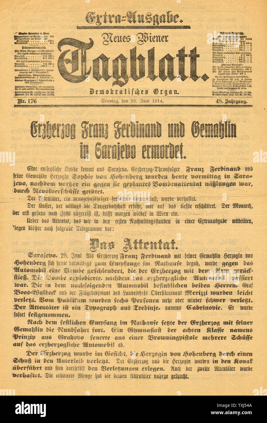 1914 Neuen Wiener Tagblatt (Österreich) Vorderseite Ermordung des Erzherzogs Ferdinand in Sarajevo. Stockfoto