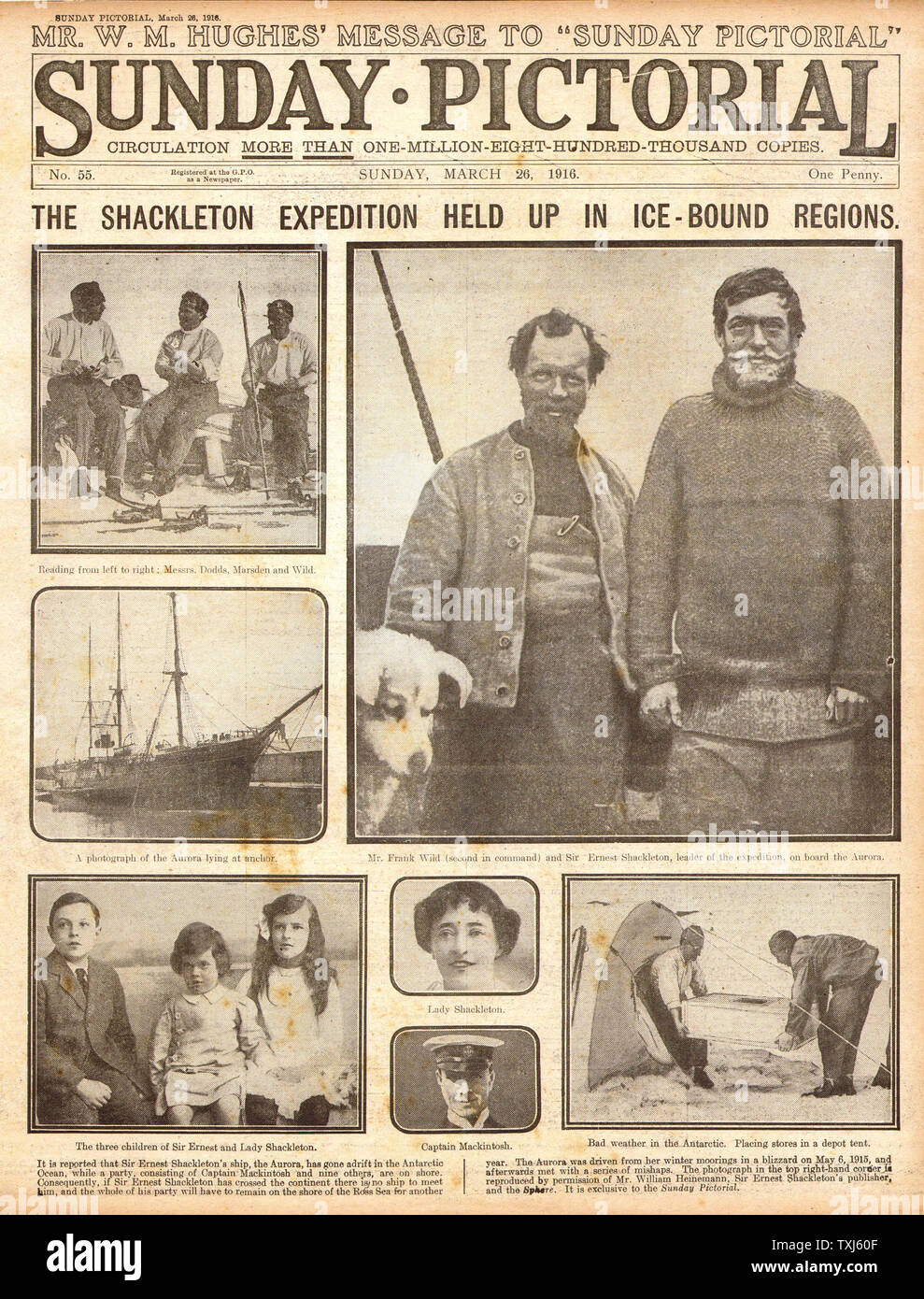 1916 Sonntag bildliche Titelseite berichtet Sir Ernest Shackleton Südpolarexpedition Stockfoto