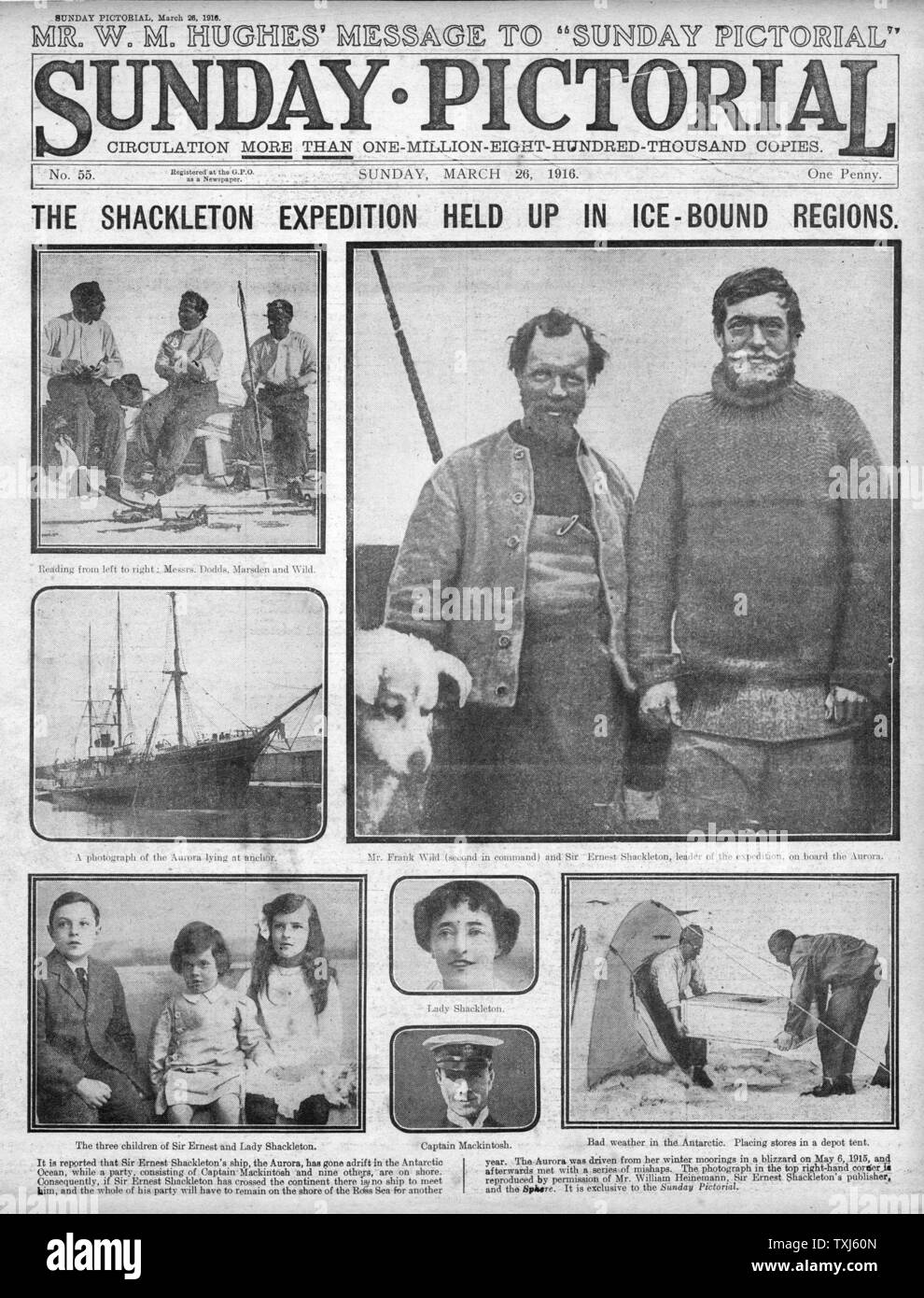 1916 Sonntag bildliche Titelseite berichtet Sir Ernest Shackleton Südpolarexpedition Stockfoto