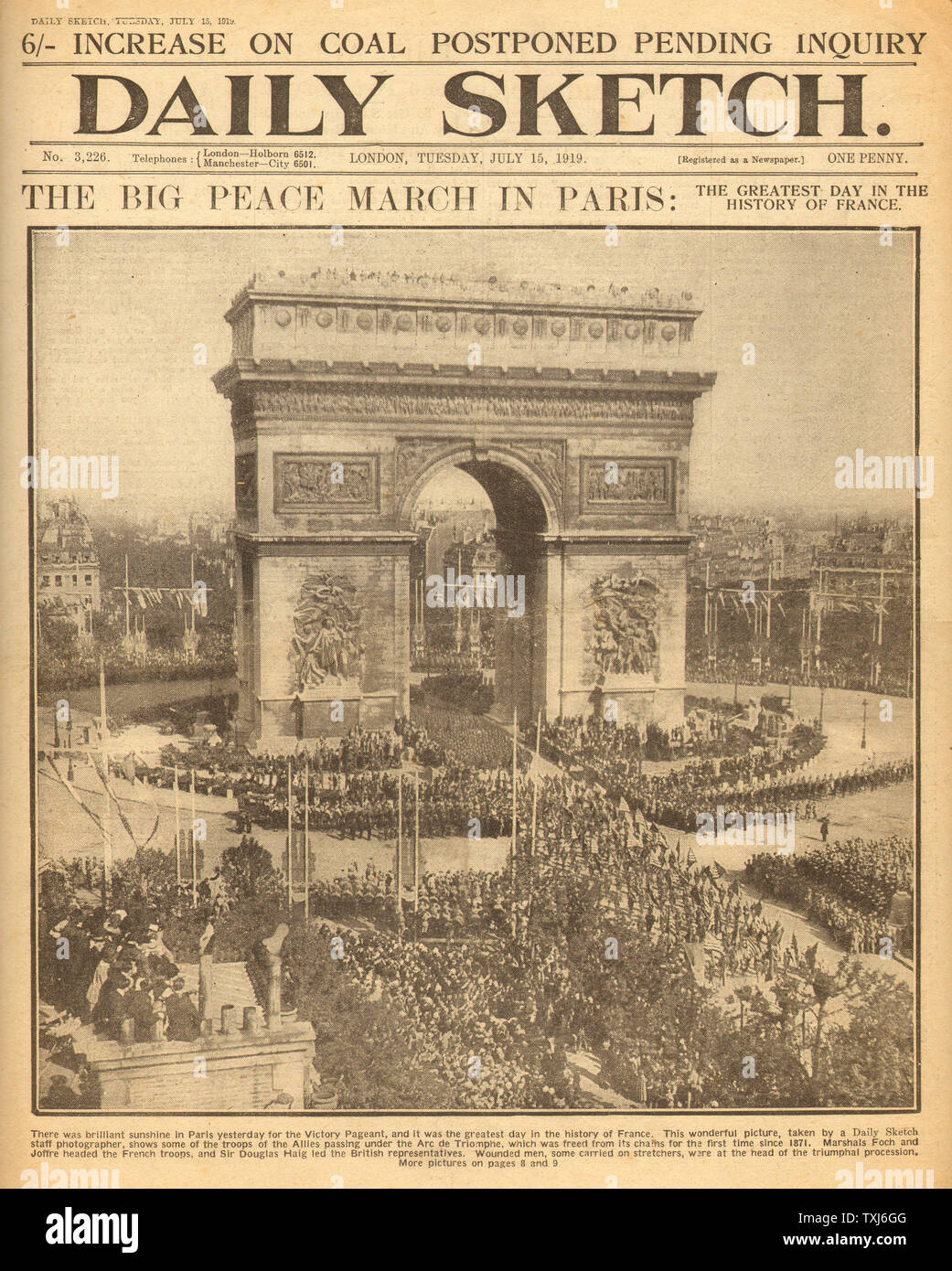 1919 tägliche Skizze Startseite Berichterstattung Frieden März in Paris Stockfoto