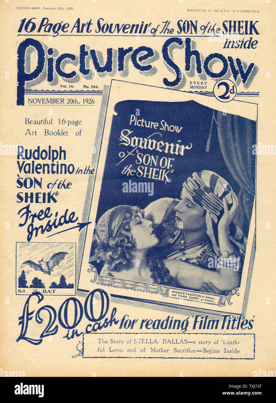 1926 Picture Show Schauspieler Rudolph Valentino Stockfoto