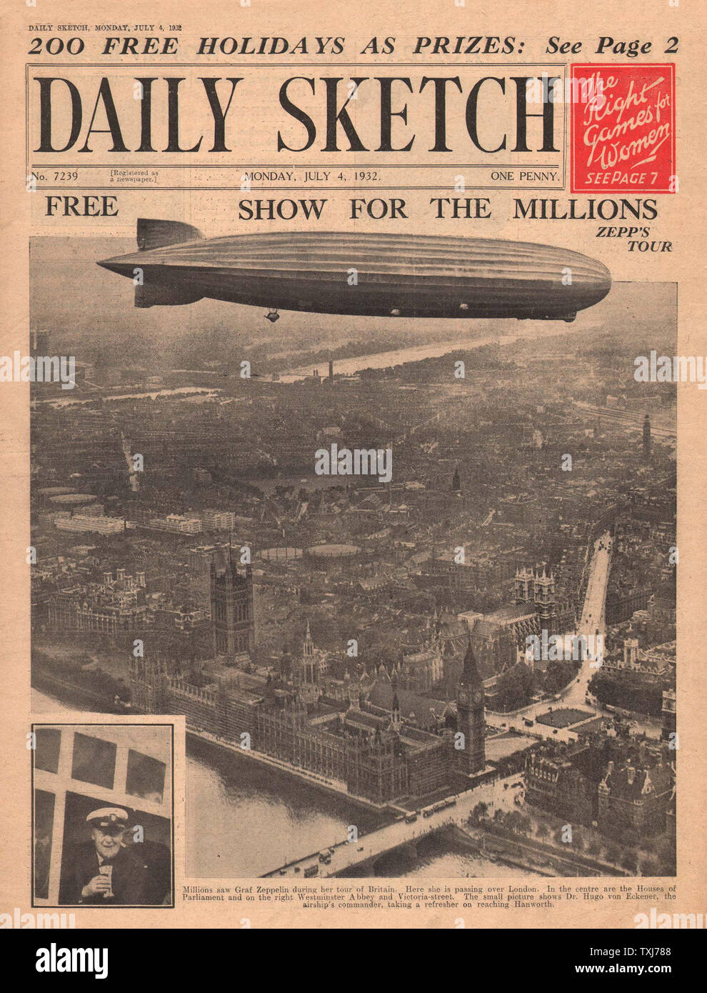 1932 tägliche Skizze Startseite Berichterstattung Graf Zeppelin über London fliegen Stockfoto